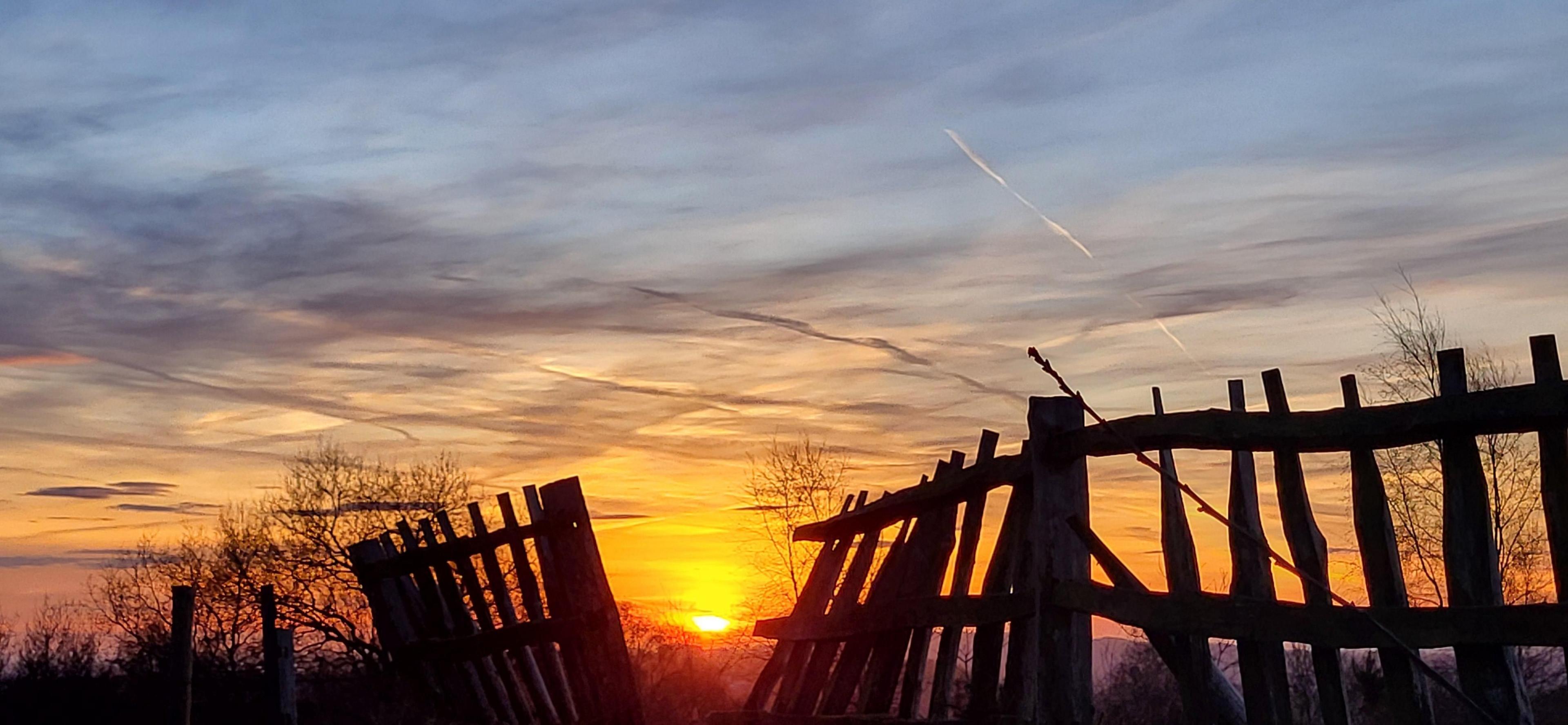 The sunrise is coming through a gap in the fence at the bottom of the photo. The sky is light blue and yellow.