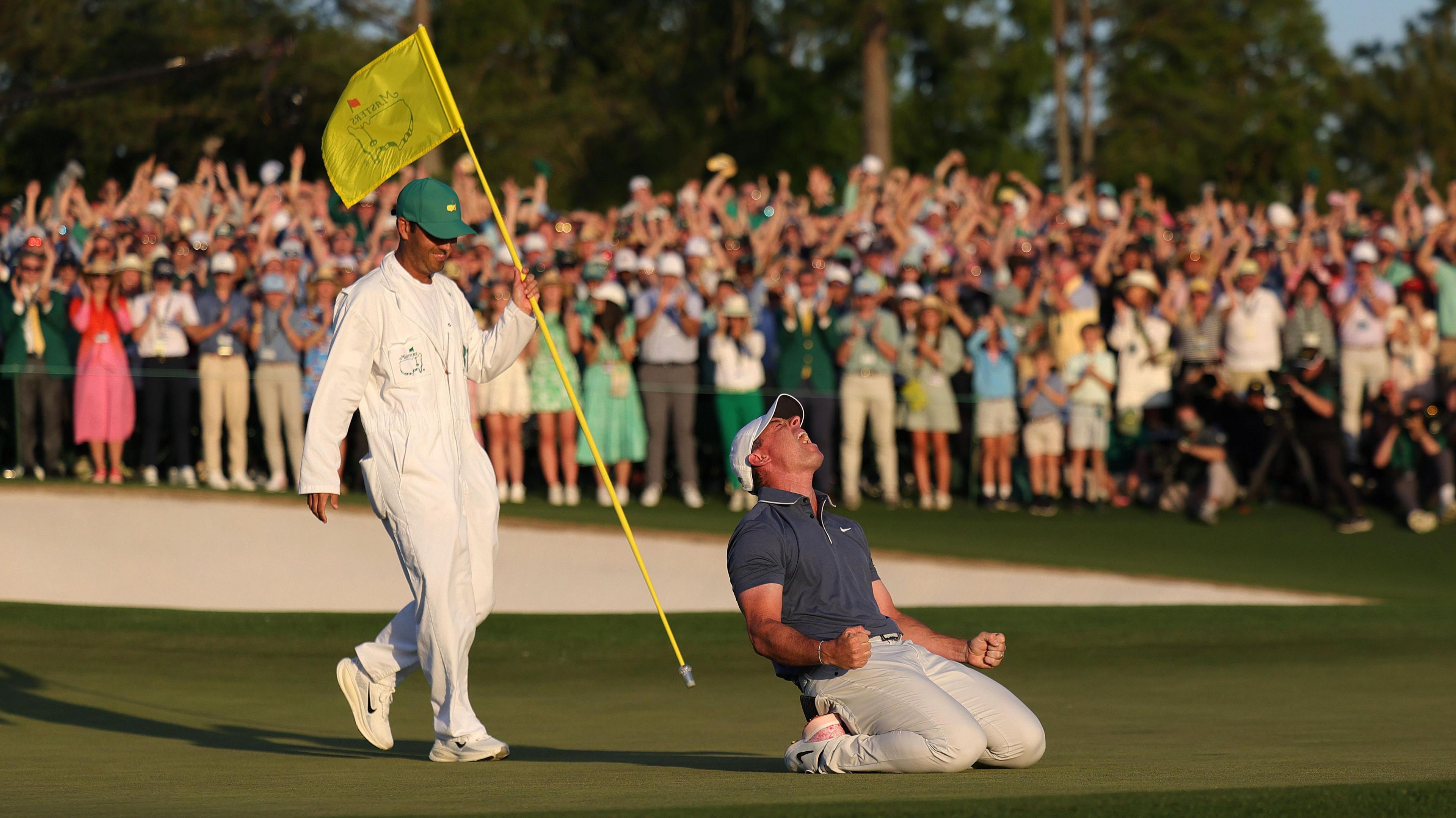 Rory McIlroy celebrates winning the Masters