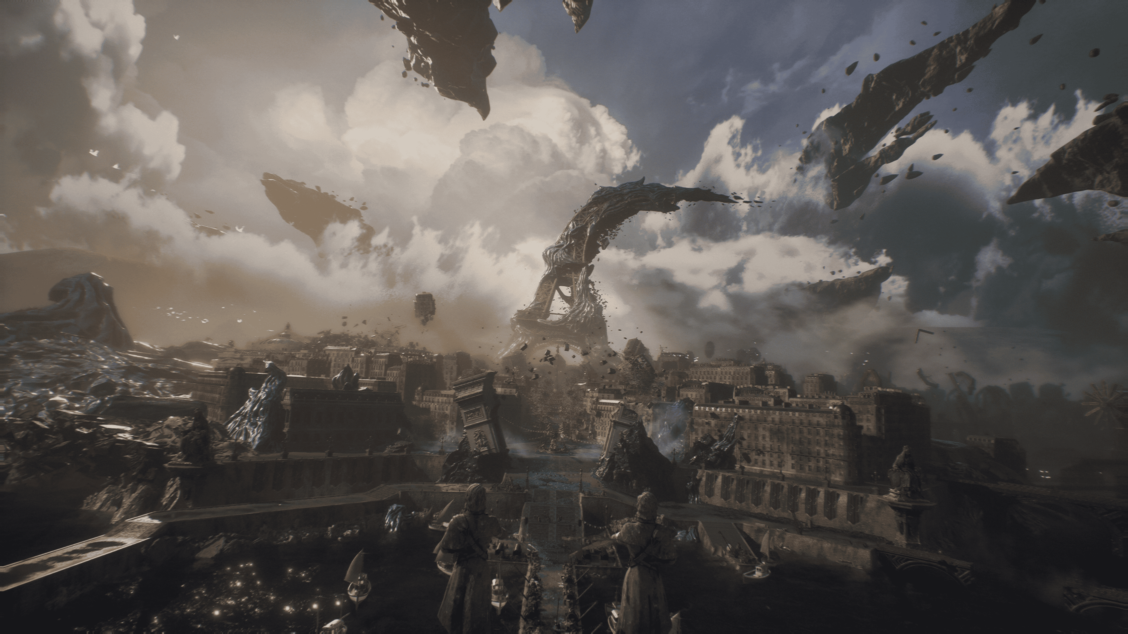 A view of a post-apocalyptic version of Paris with an Eiffel Tower-style structure bent almost 90 degrees sideways at its centre. Other battered landmarks such as the Arc du Triomphe are also visible.
