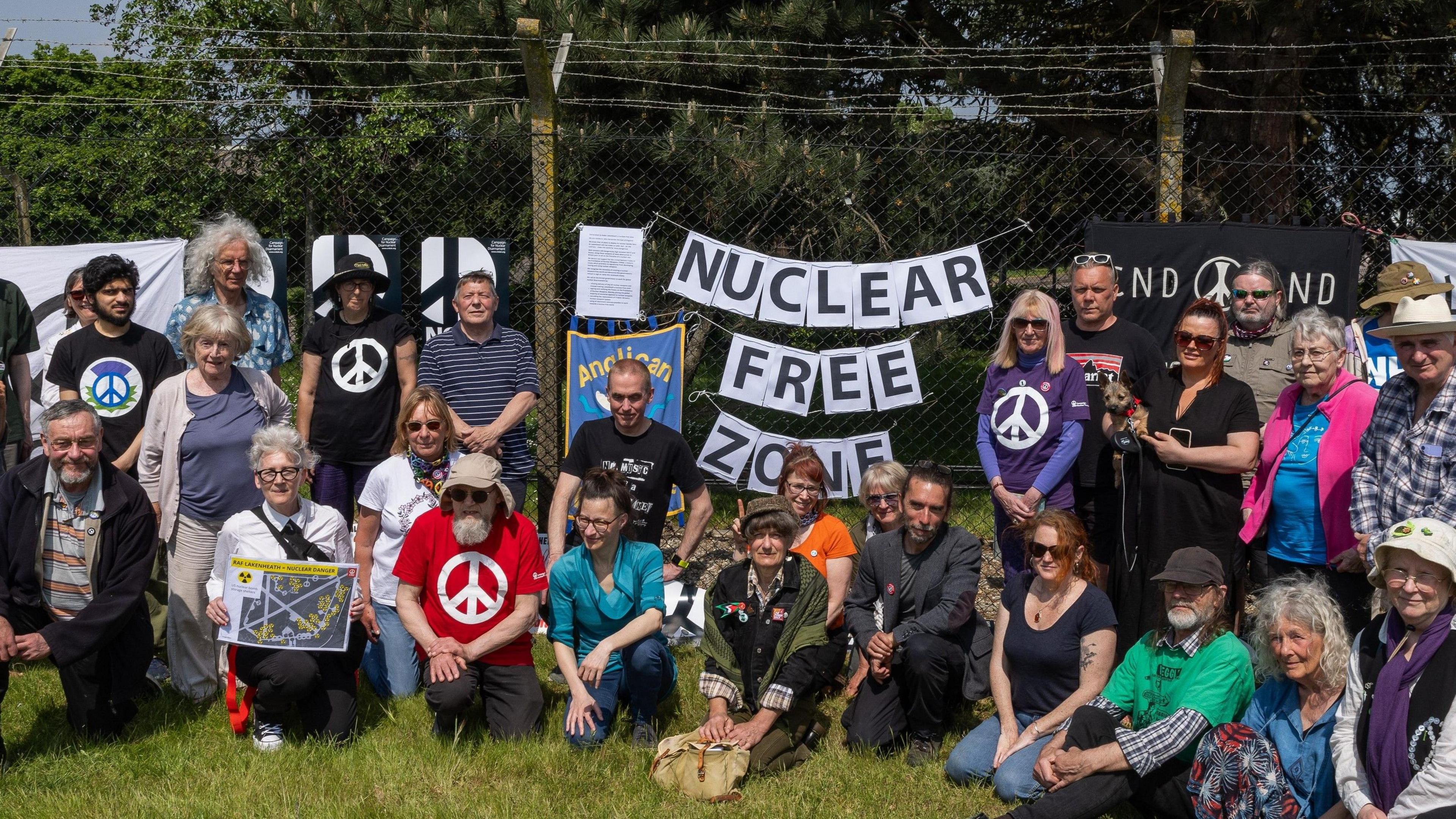 Supporters of the Campaign for Nuclear Disarmament (CND), including local residents and Christian groups, take part in a protest outside the main gate of RAF Lakenheath on 11th May 2024 in Lakenheath, United Kingdom