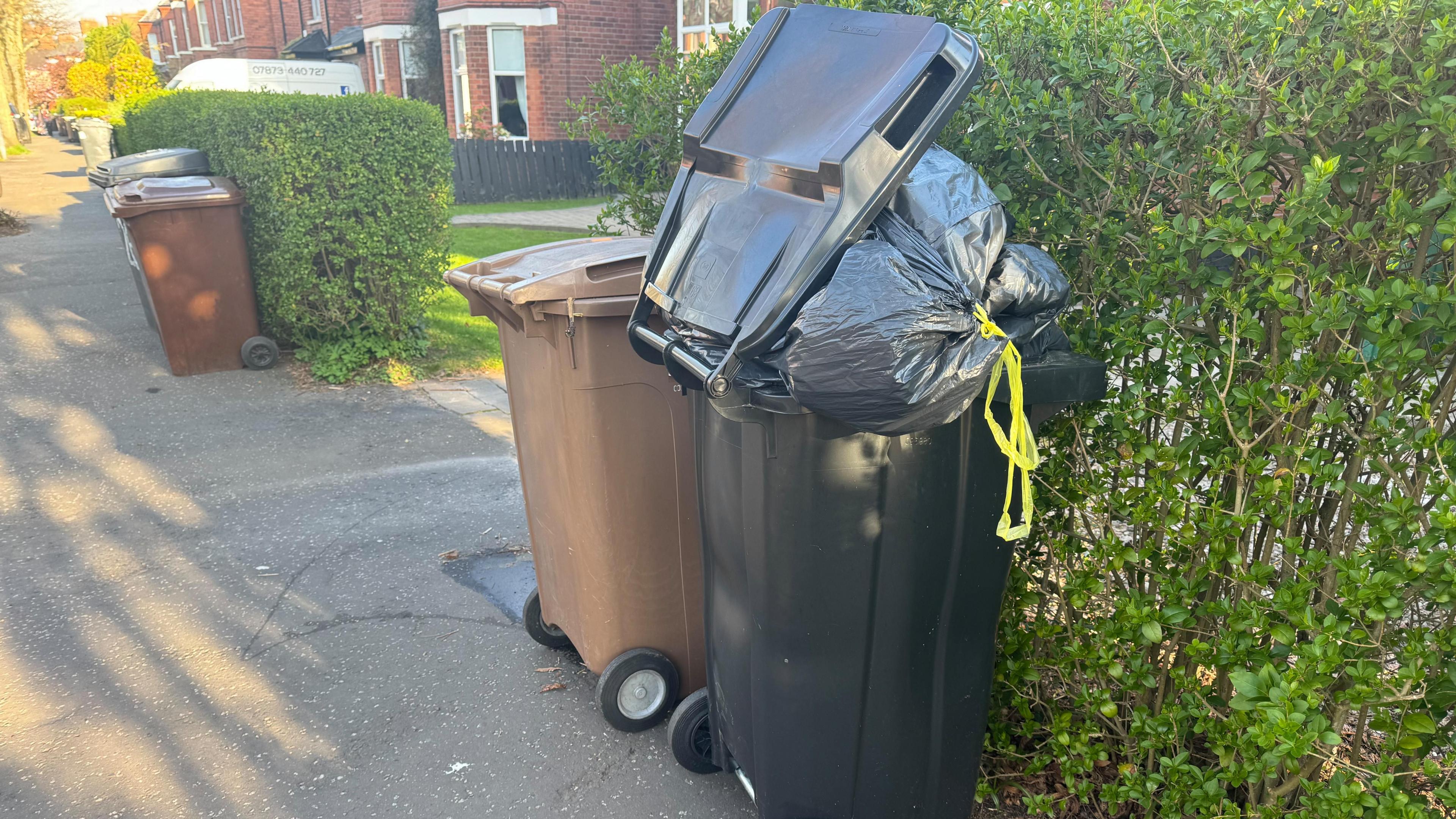 An overflowing black bin. 