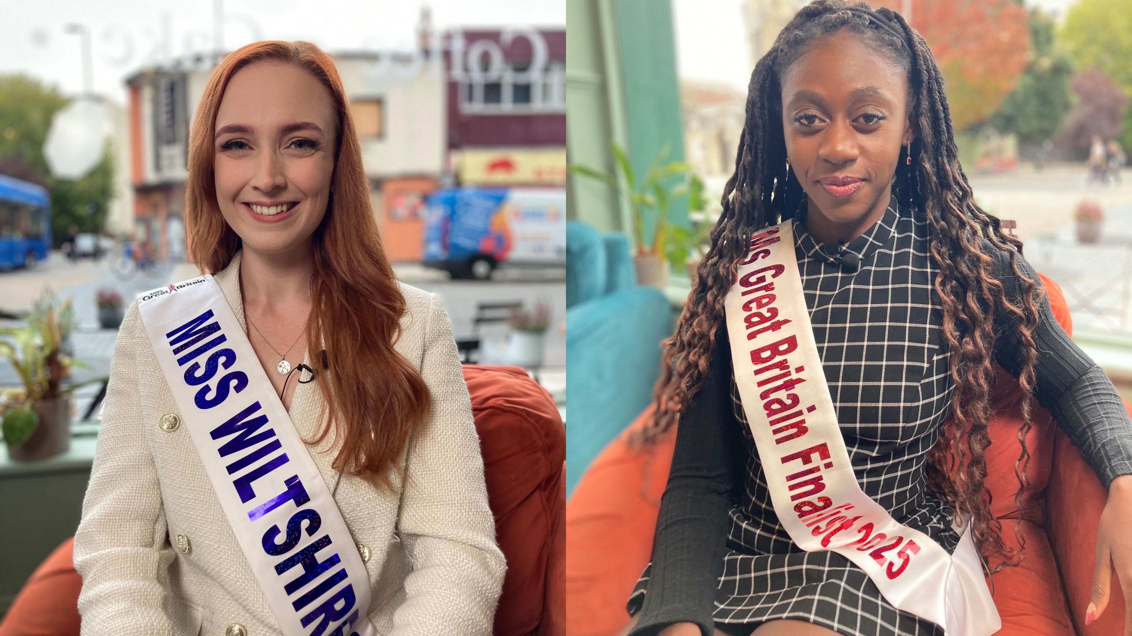 Two women sat smiling and wearing sashes.