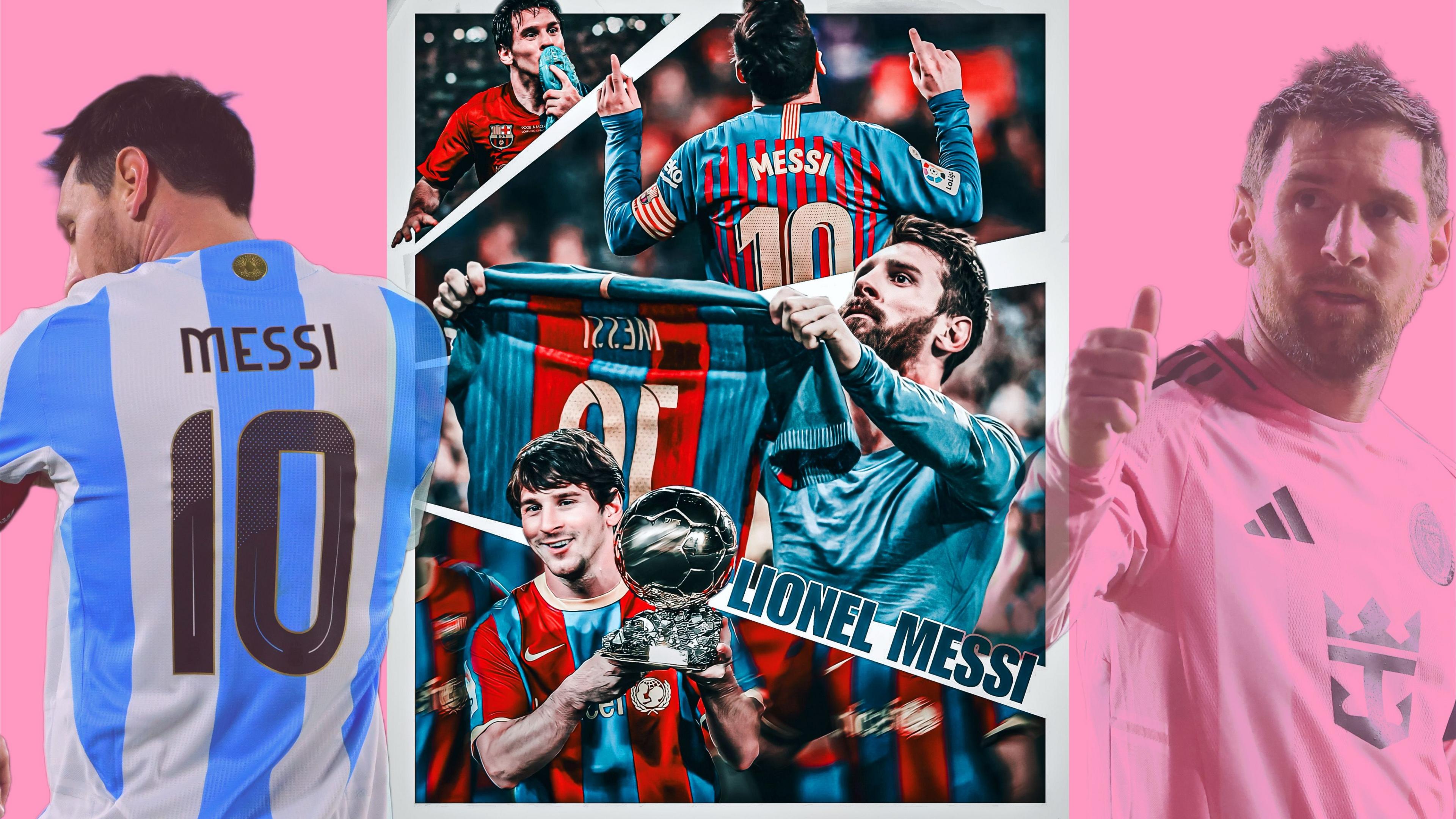 Several images of Messi celebrating throughout his career. 