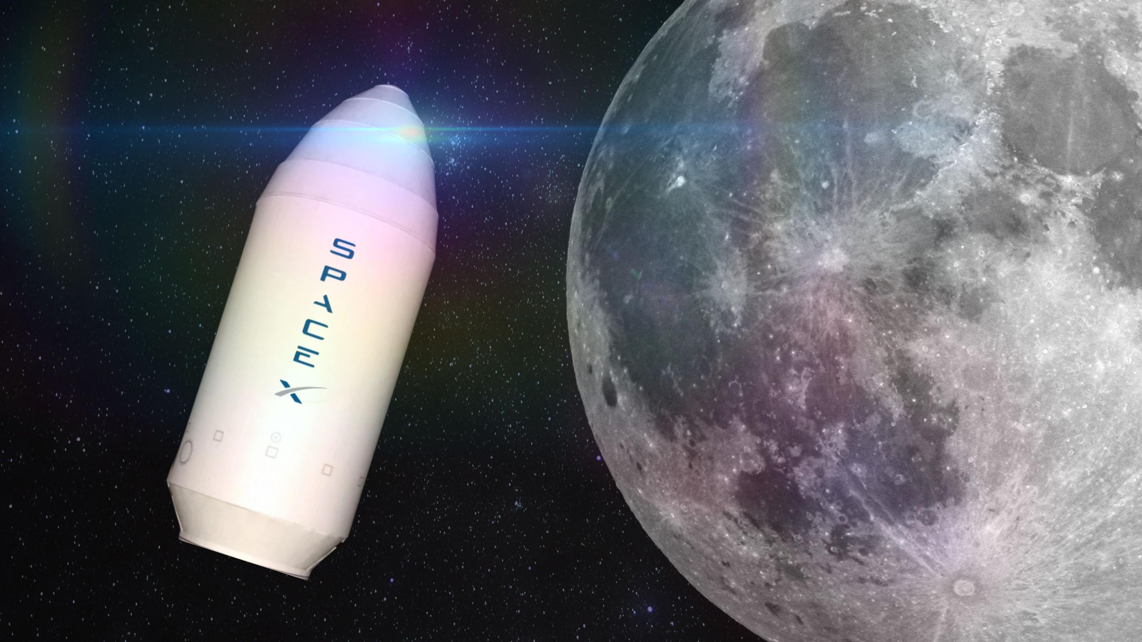 A mock-up of a spaceX upper section from a Falcon 9 rocket next to the moon.