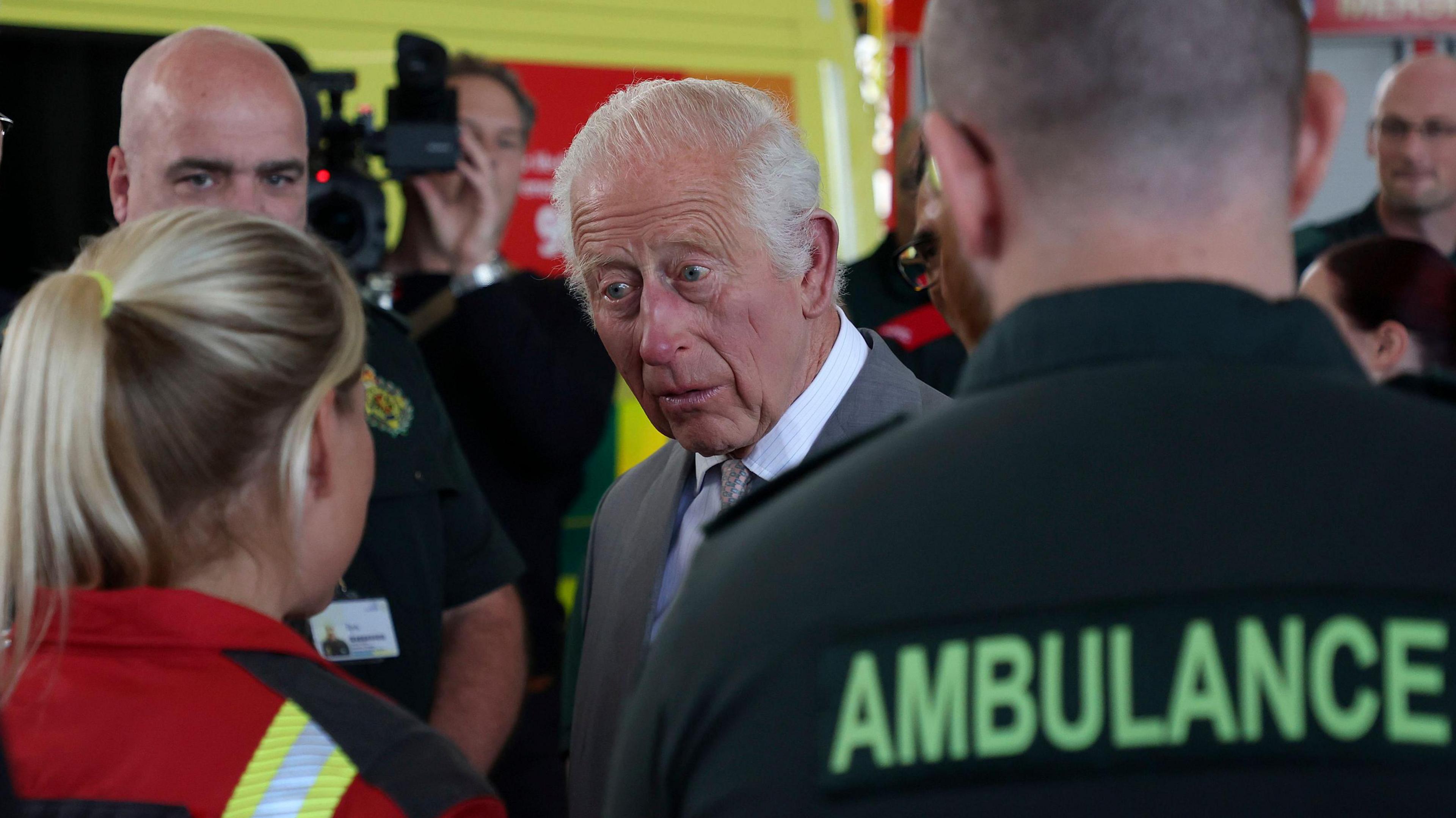 King Charles meets representatives from Merseyside's emergency services and local community groups at Southport Community Fire Station