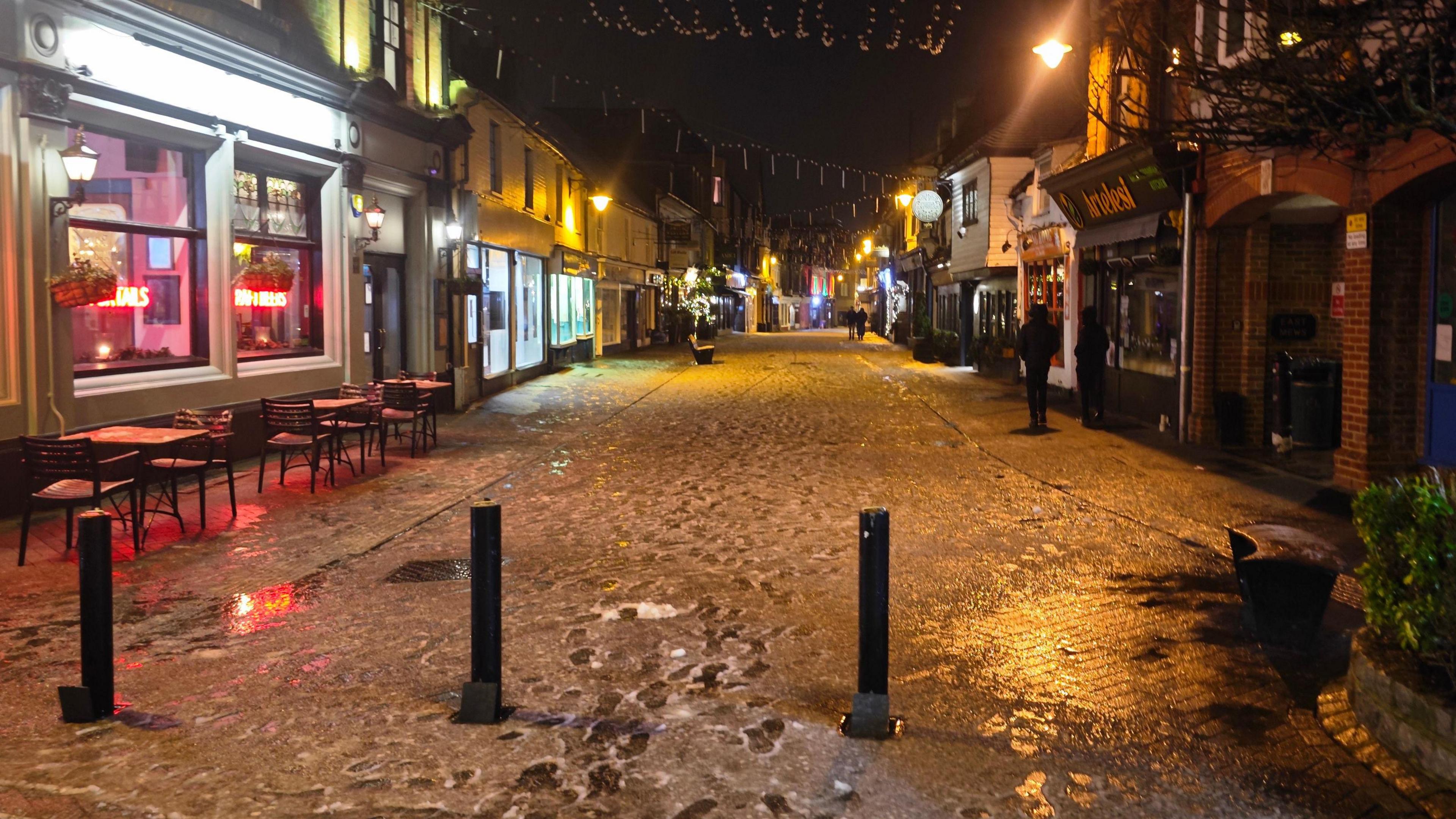 Snow that has turned into slush in a pedestrianised area of Horsham town centre