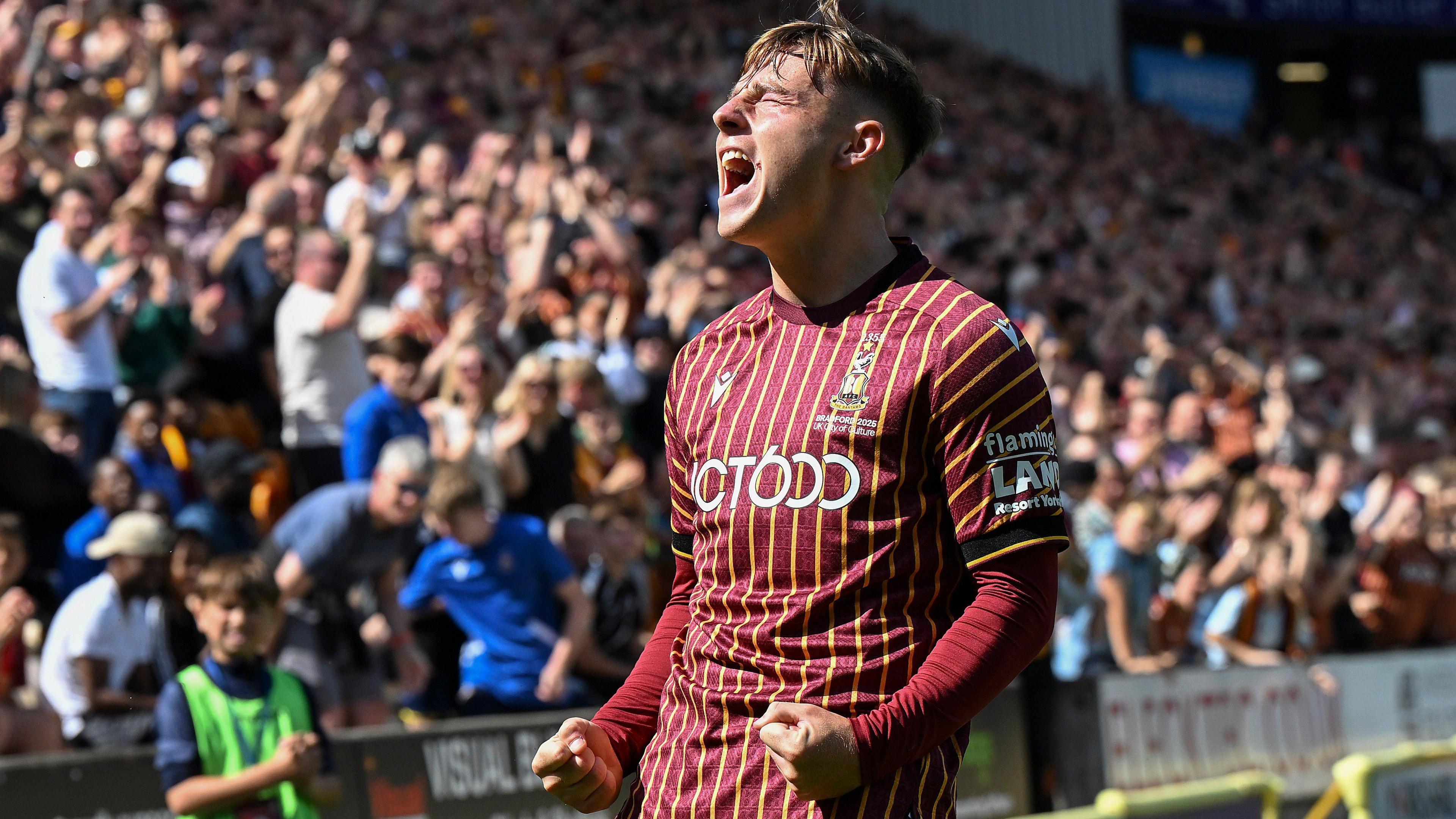 Bobby Pointon celebrates scoring for Bradford City
