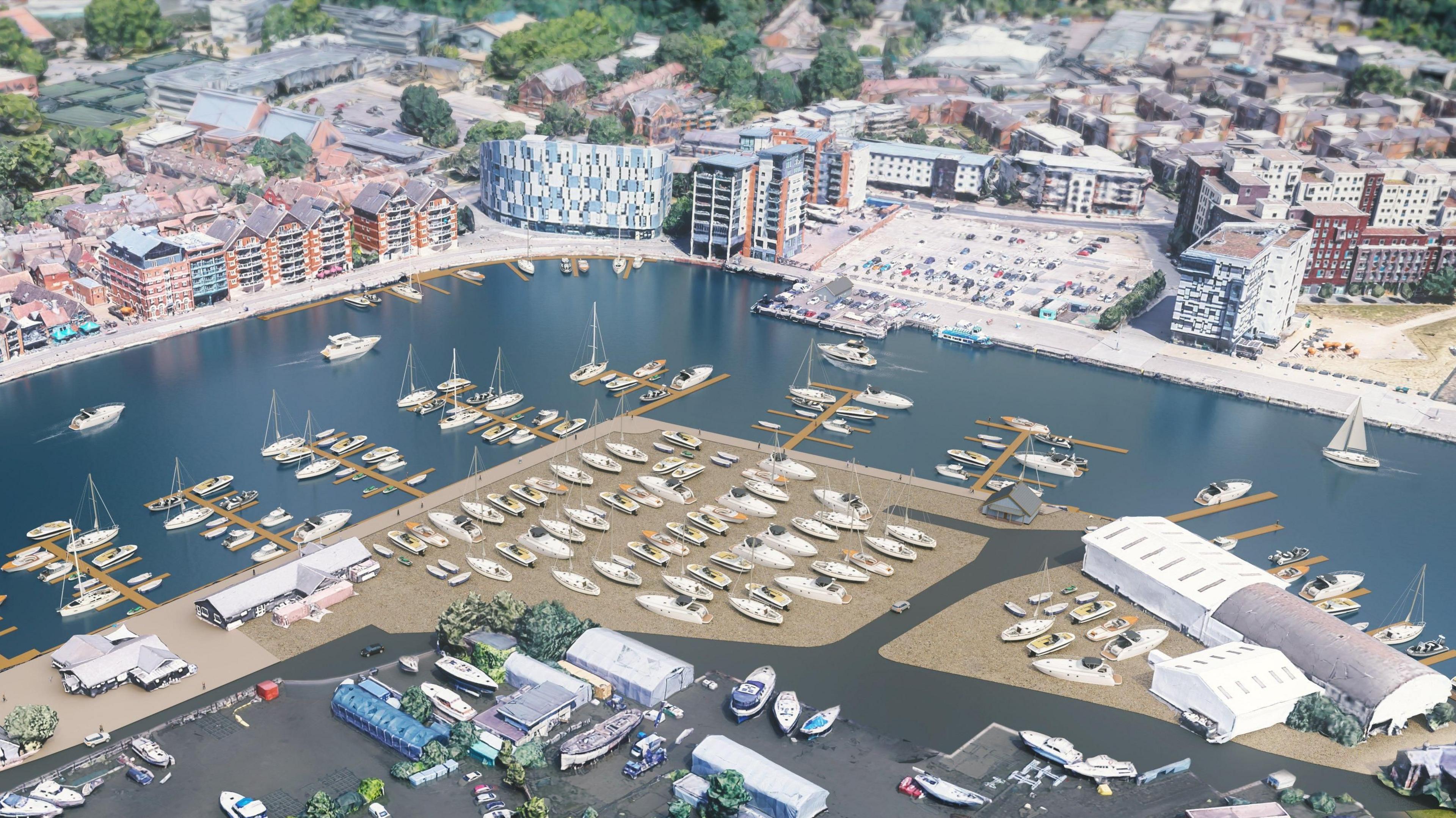 A CGI image of proposed plans and upgrades to Ipswich Marina. It shows the plans from above and boats can be seen moored up. Buildings in the area can be seen on the waterfront.