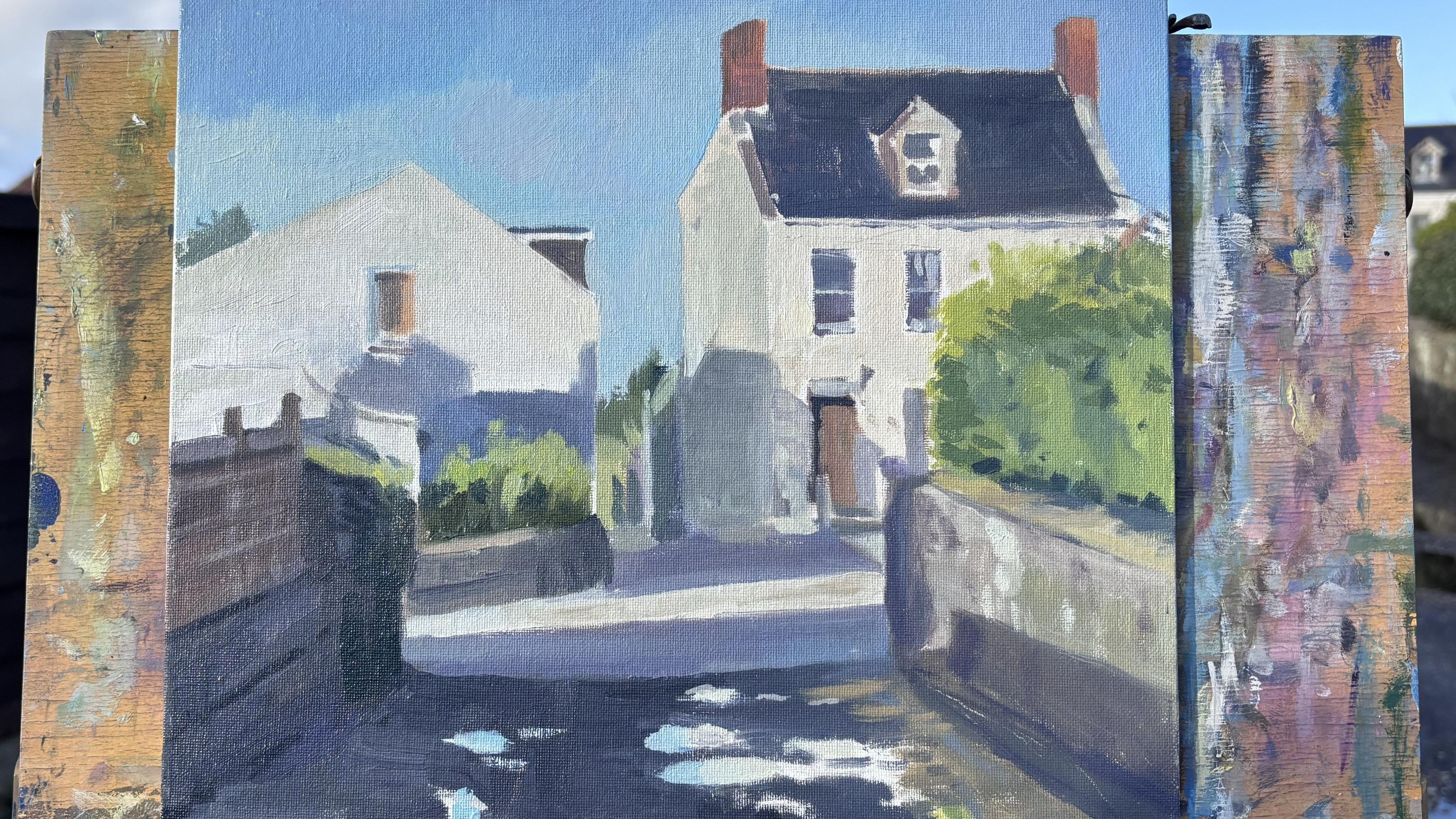 Image of Rosanne Guille's painting of a driveway and some houses