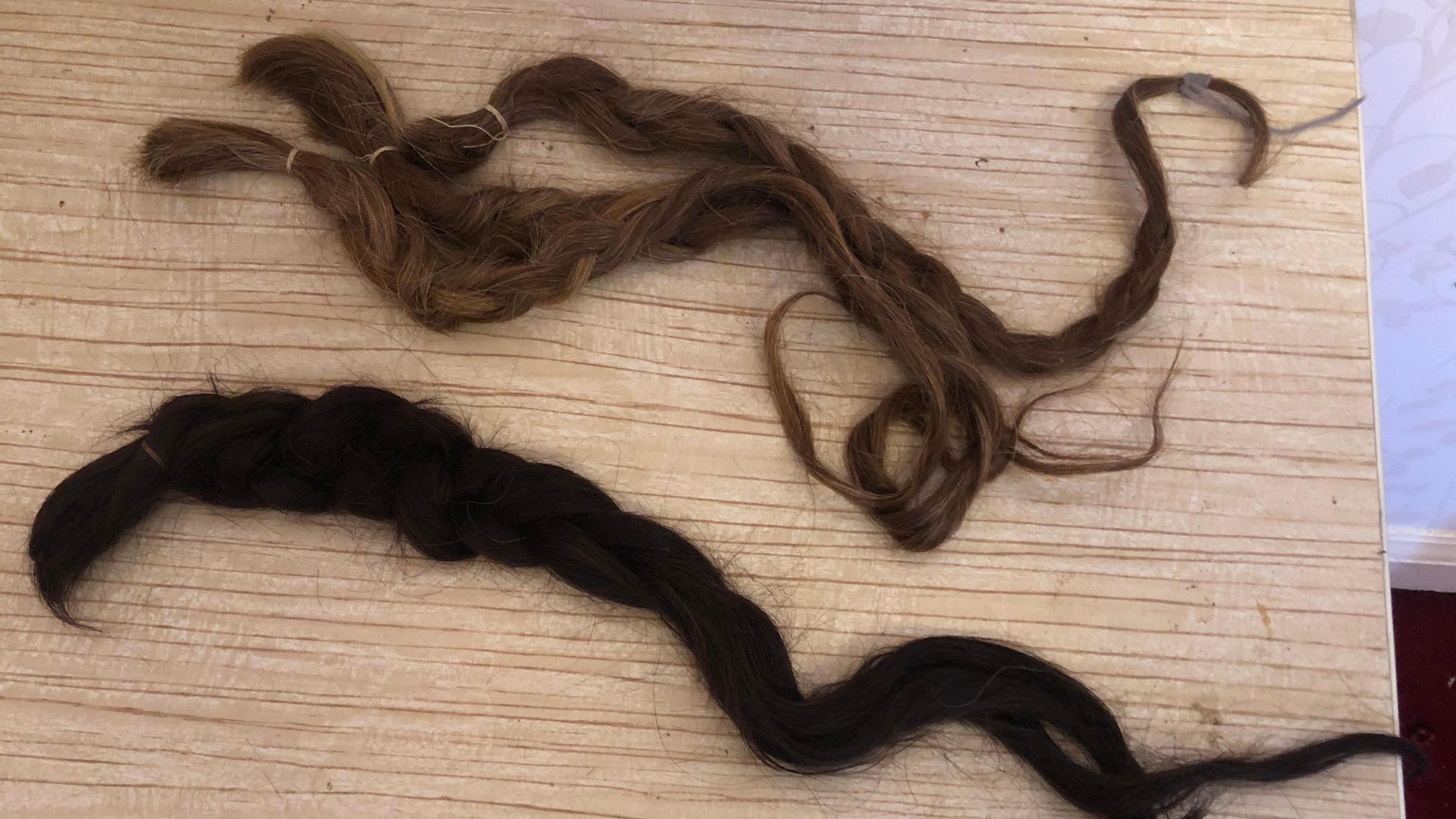 Three sandy-coloured pigtails, about 30cm (1ft) long and below them a similar-sized single dark-brown pony tail. They have been laid out on a light-coloured wooden table.