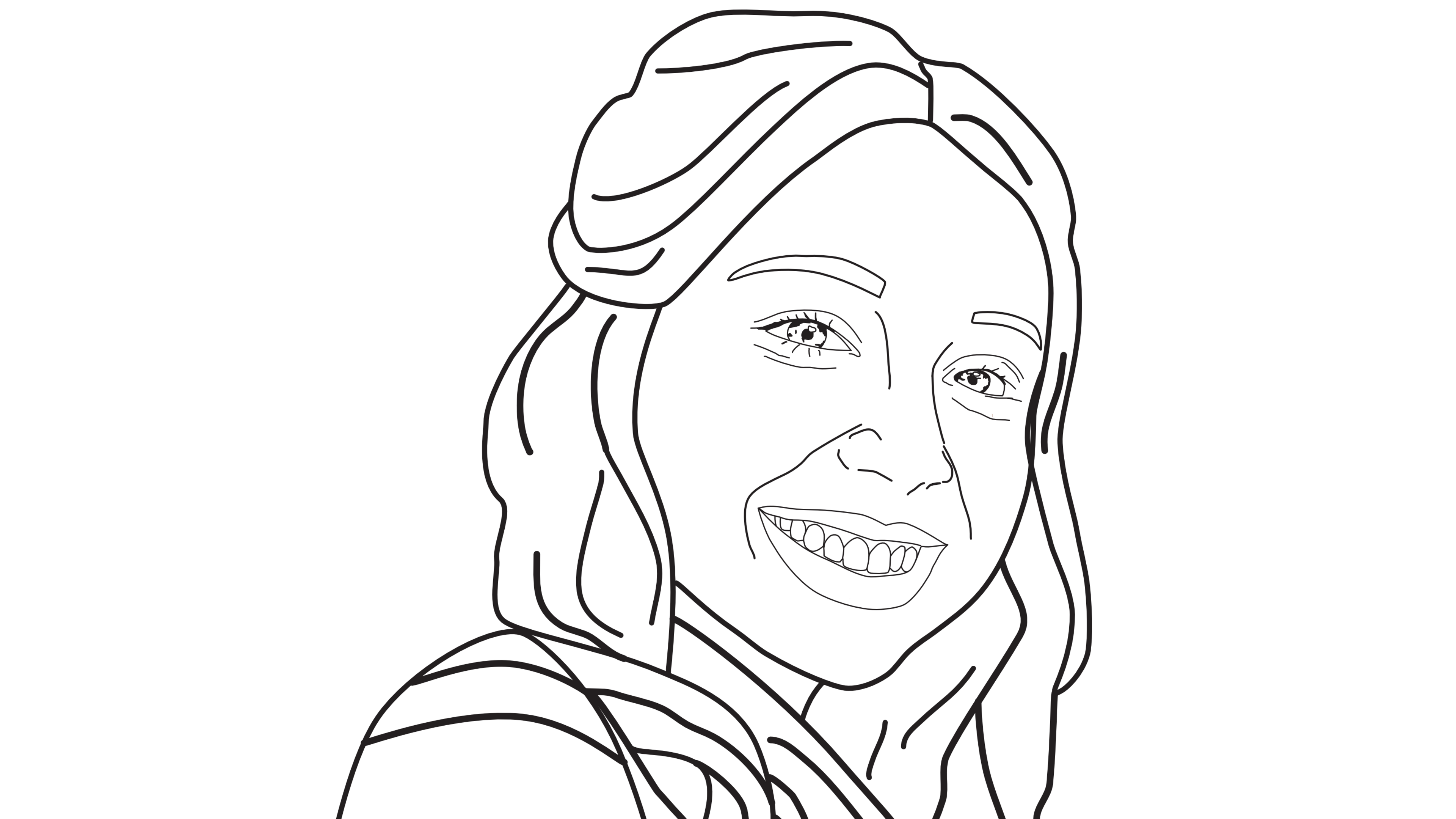 An image created by Holly Ringrose of Ellie Gould, who was murdered in 2019, it is a black outline of Ellie, on a white background, showing a young girl with long hair and smiling to the camera