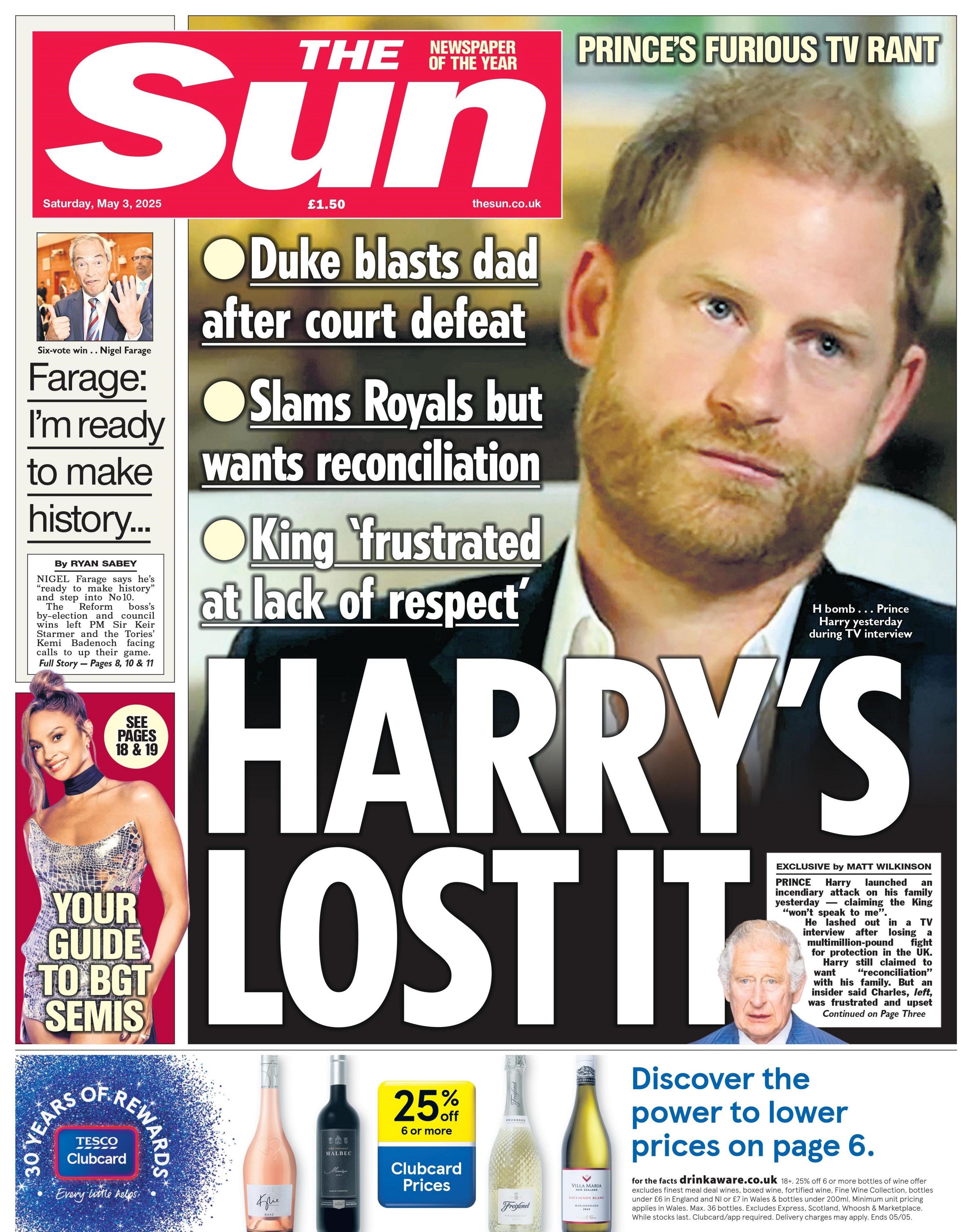 The headline in the Sun reads: Harry's lost it