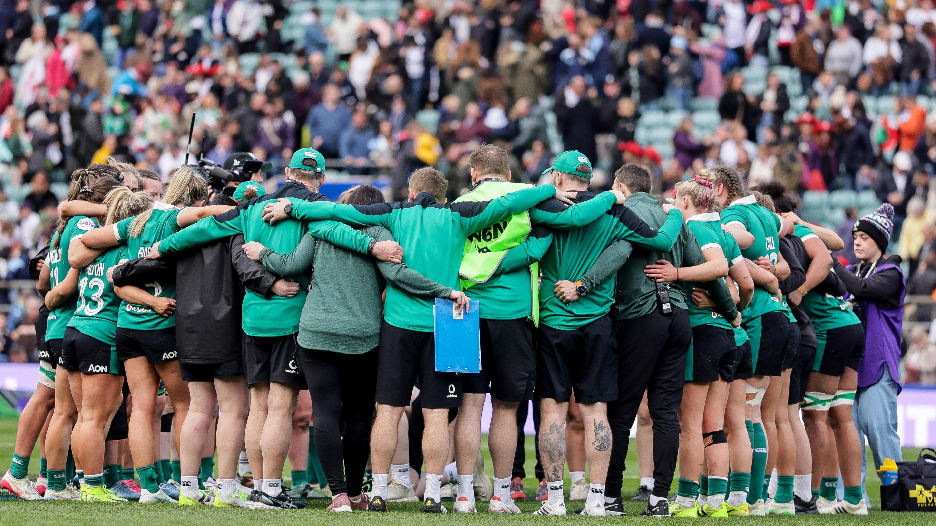 Ireland huddle after the England game at Twickenham