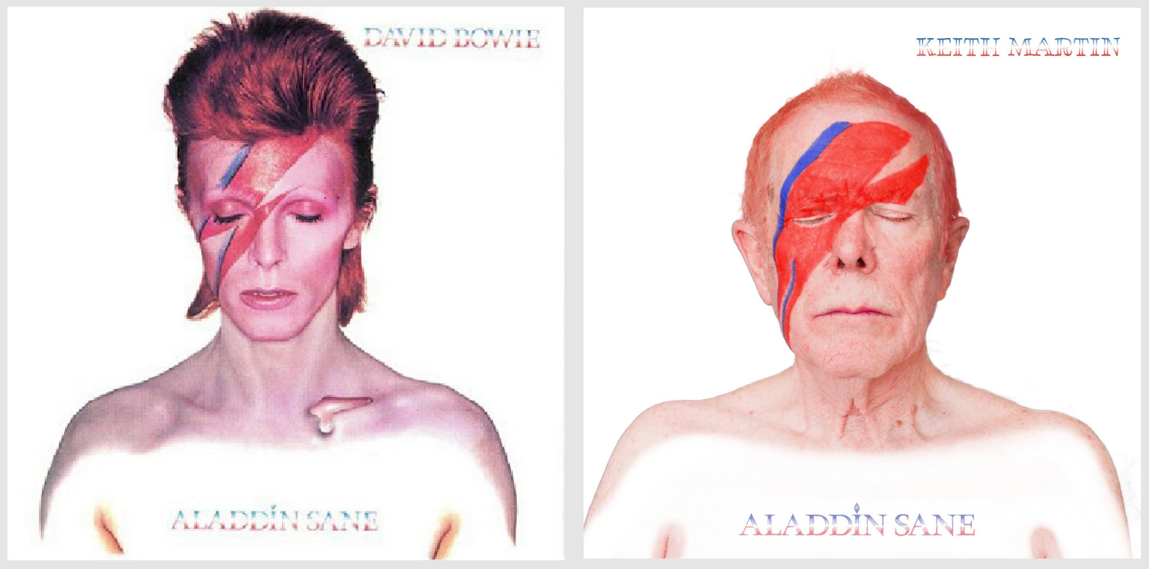 An older man recreates David Bowie's album cover for Aladdin Sane. On the original album cover, David Bowie has a red mullet with a blue and red lightning bolt drawn on his face, and he is topless.