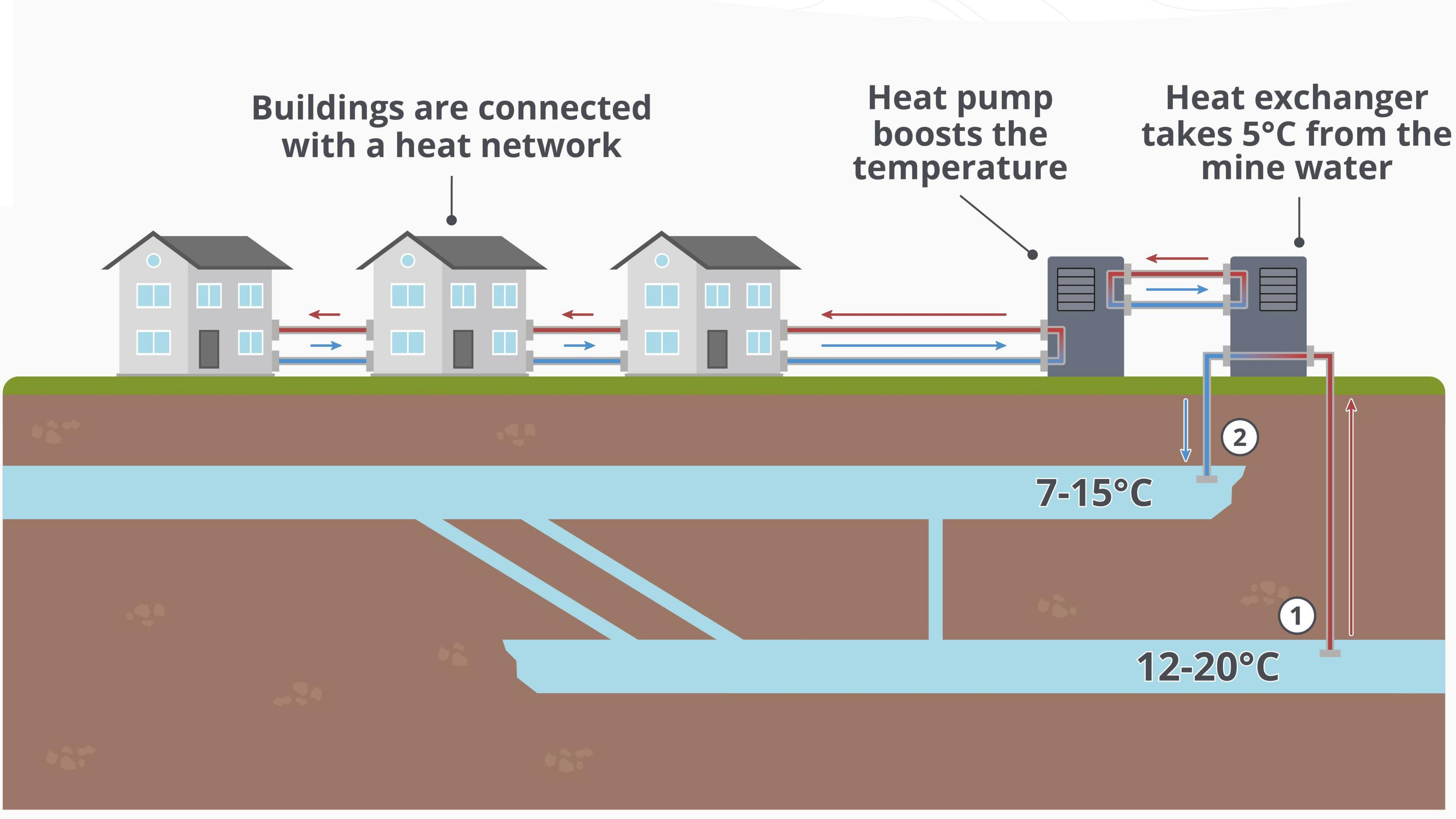 A graphic showing a row of three homes, linked with red and blue bands, and connected to a heat pump and a heat exchanger with lines stretching to two layers of water beneath the ground. Above the homes the graphic says 'buildings are connected with a heat network'. It also says 'heat exchanger takes 5C from the mine water' and 'heat pump boosts the temperature'. The deeper body of water says 12-20C, and the body of water closer to the surface says 7-15C. 