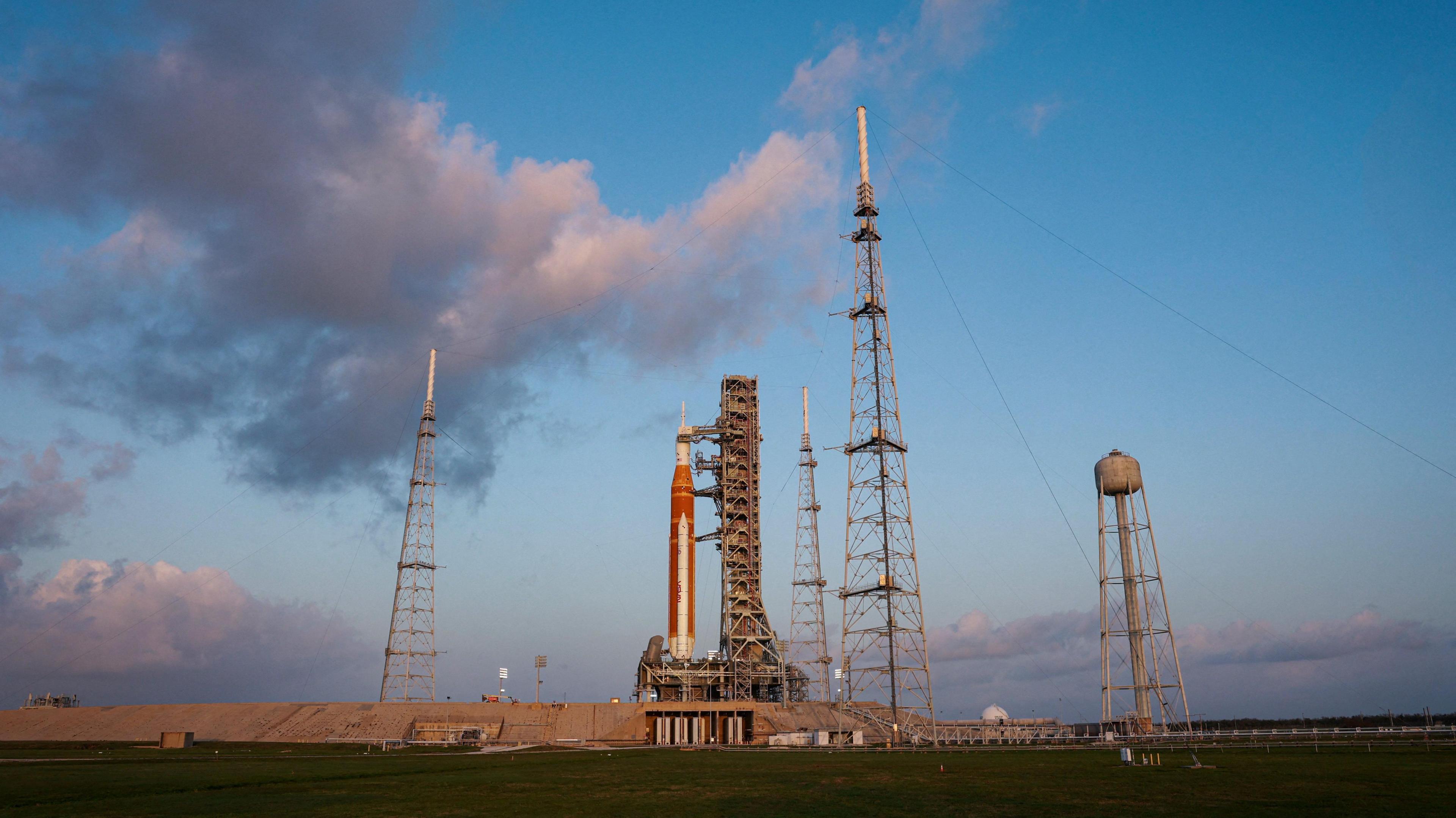 The Space Launch System (SLS) rocket with the Orion crew capsule, on Pad 39B ahead of the Artemis II mission launch 
