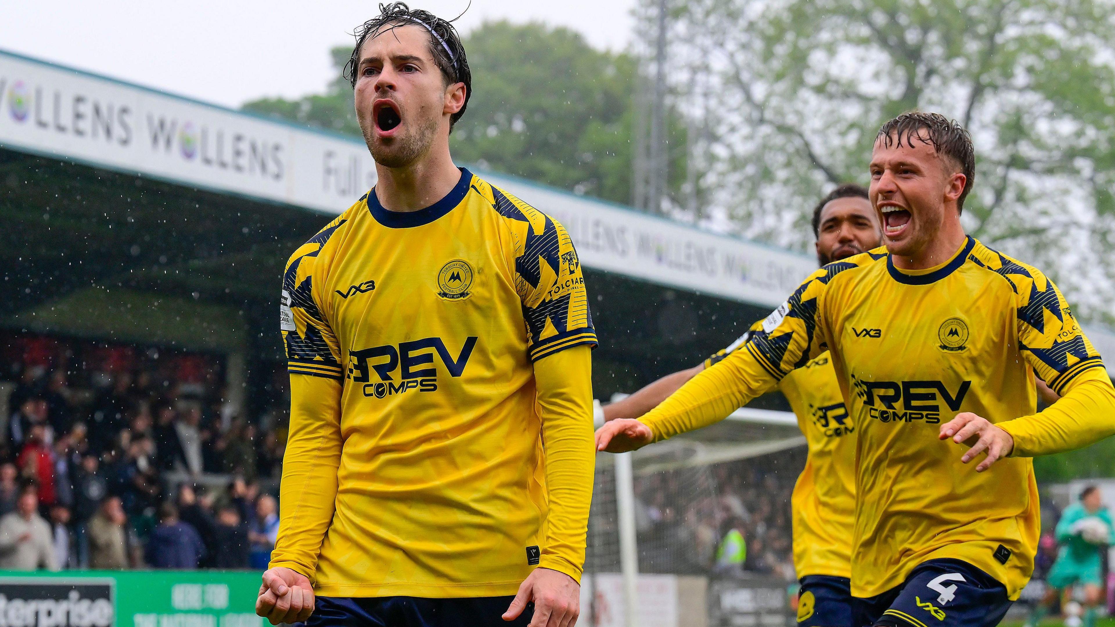 Jordan Young celebrates scoring for Torquay United against Dorking Wanderers