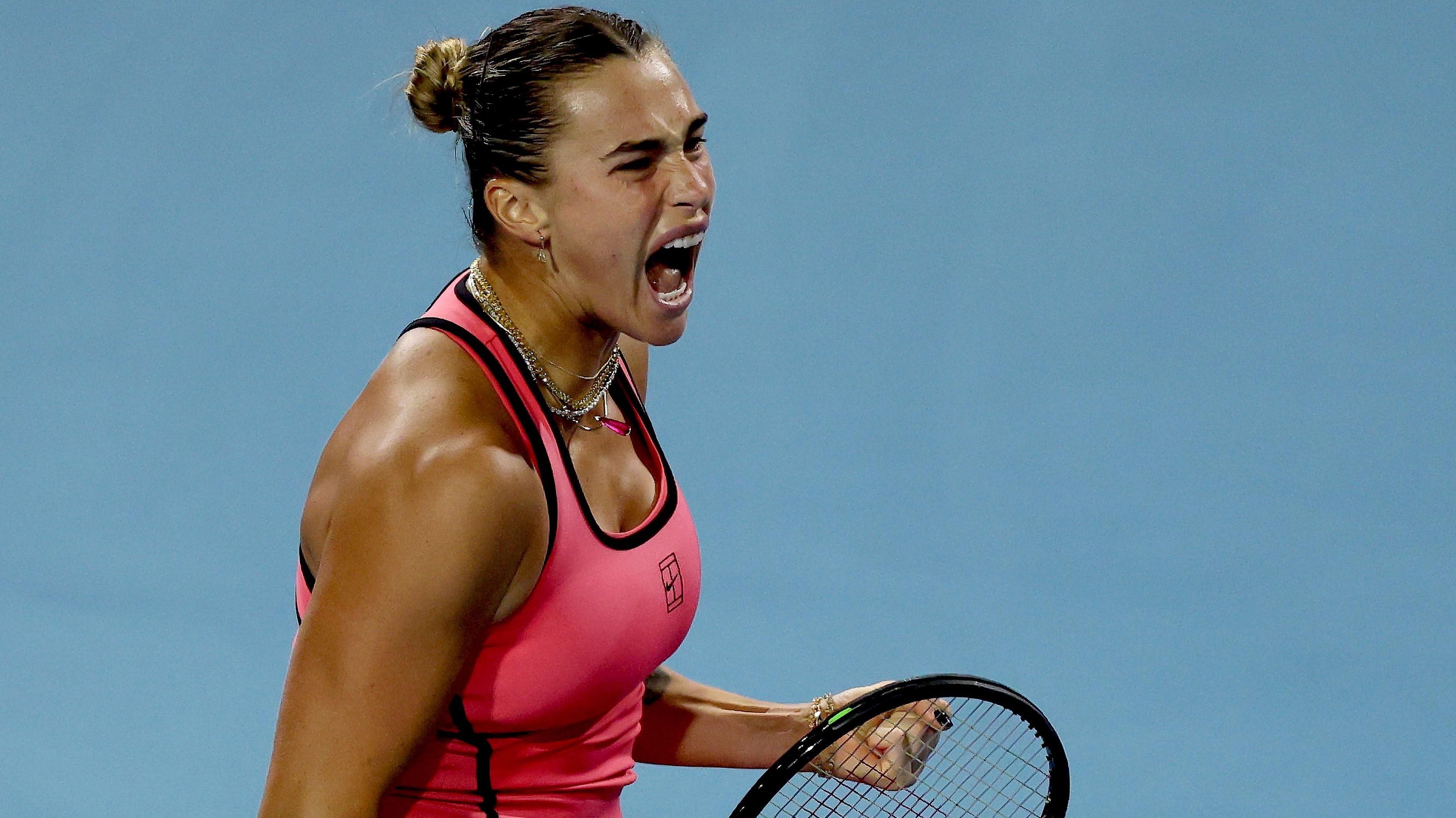 Aryna Sabalenka celebrates victory