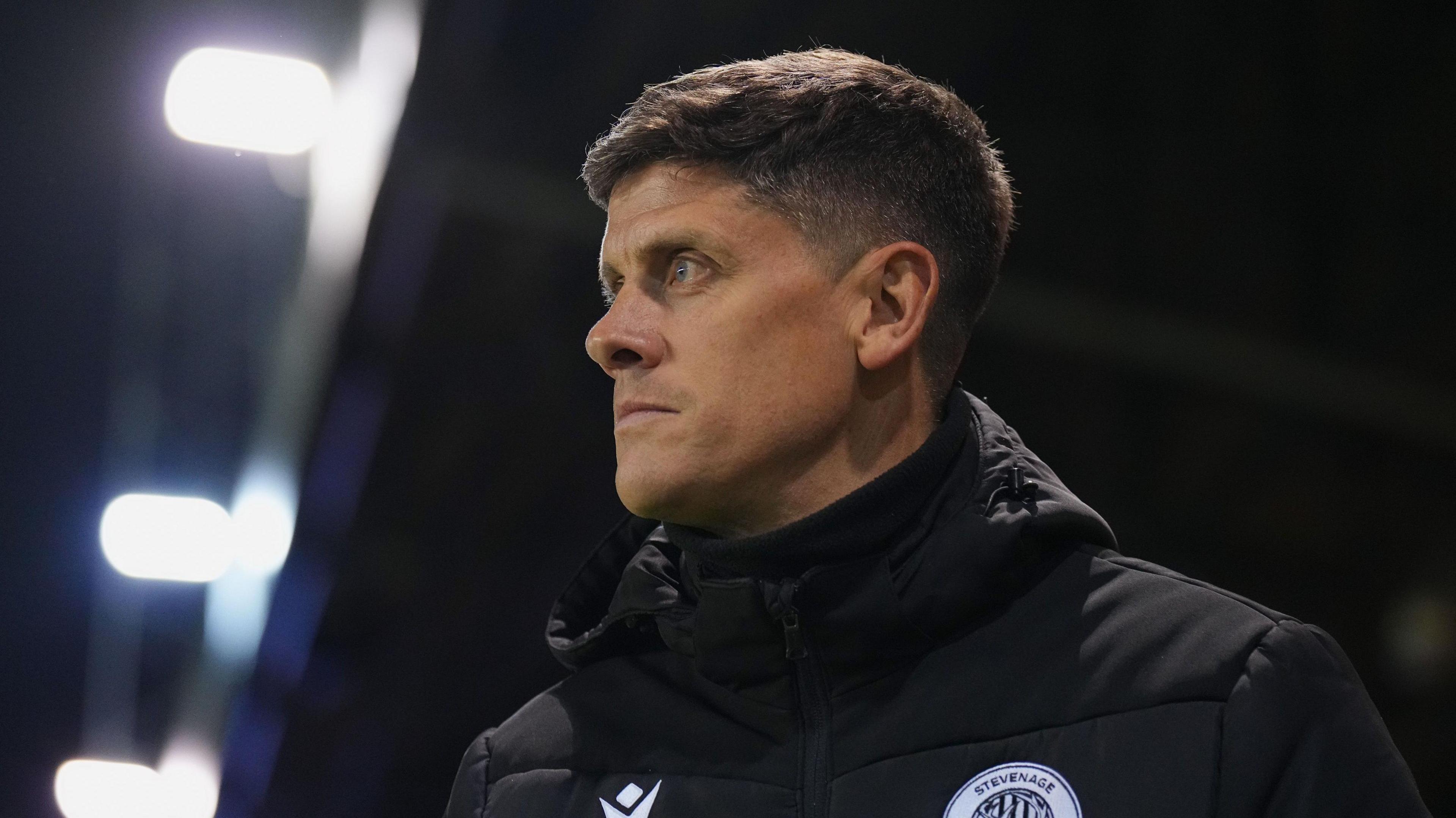 A close up of Stevenage boss Alex Revell