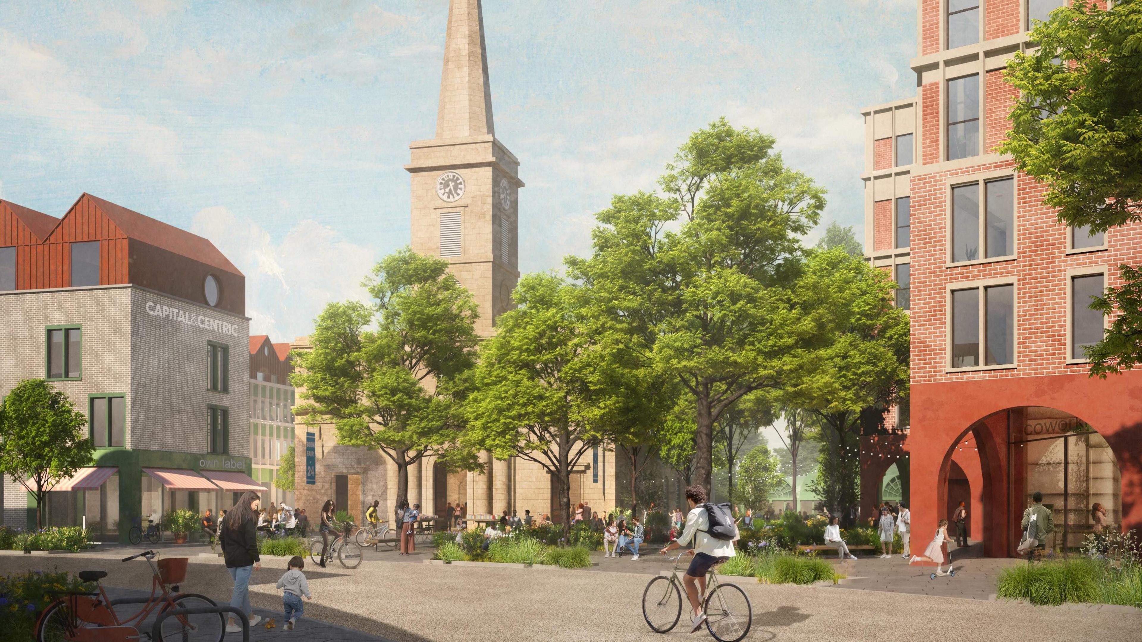 An artists' impression of the view for the new neighbourhood. It shows people congregating on the steps of the church with people riding bikes close by