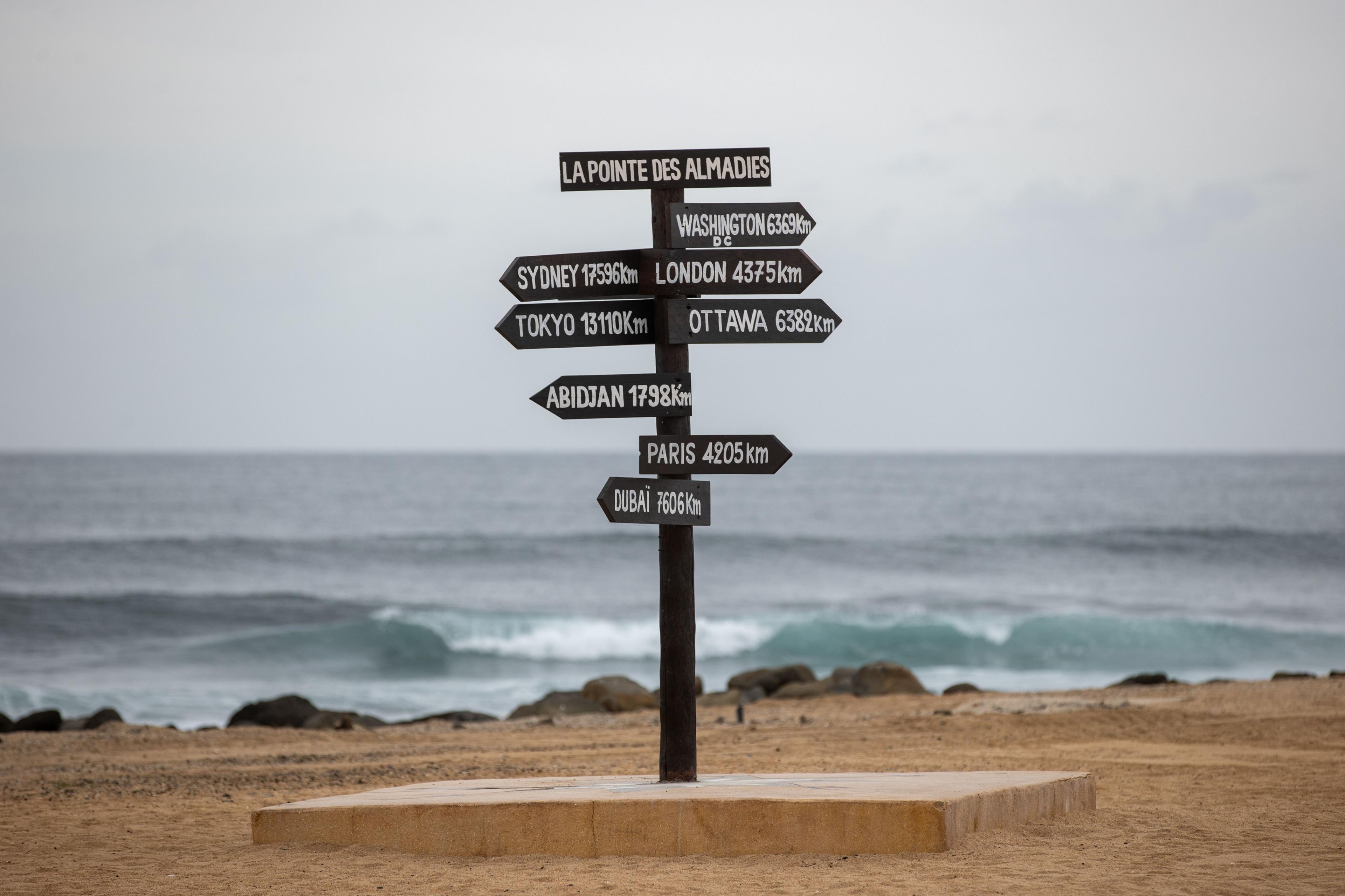 A signpost by the sea in Dakar, Senegal.