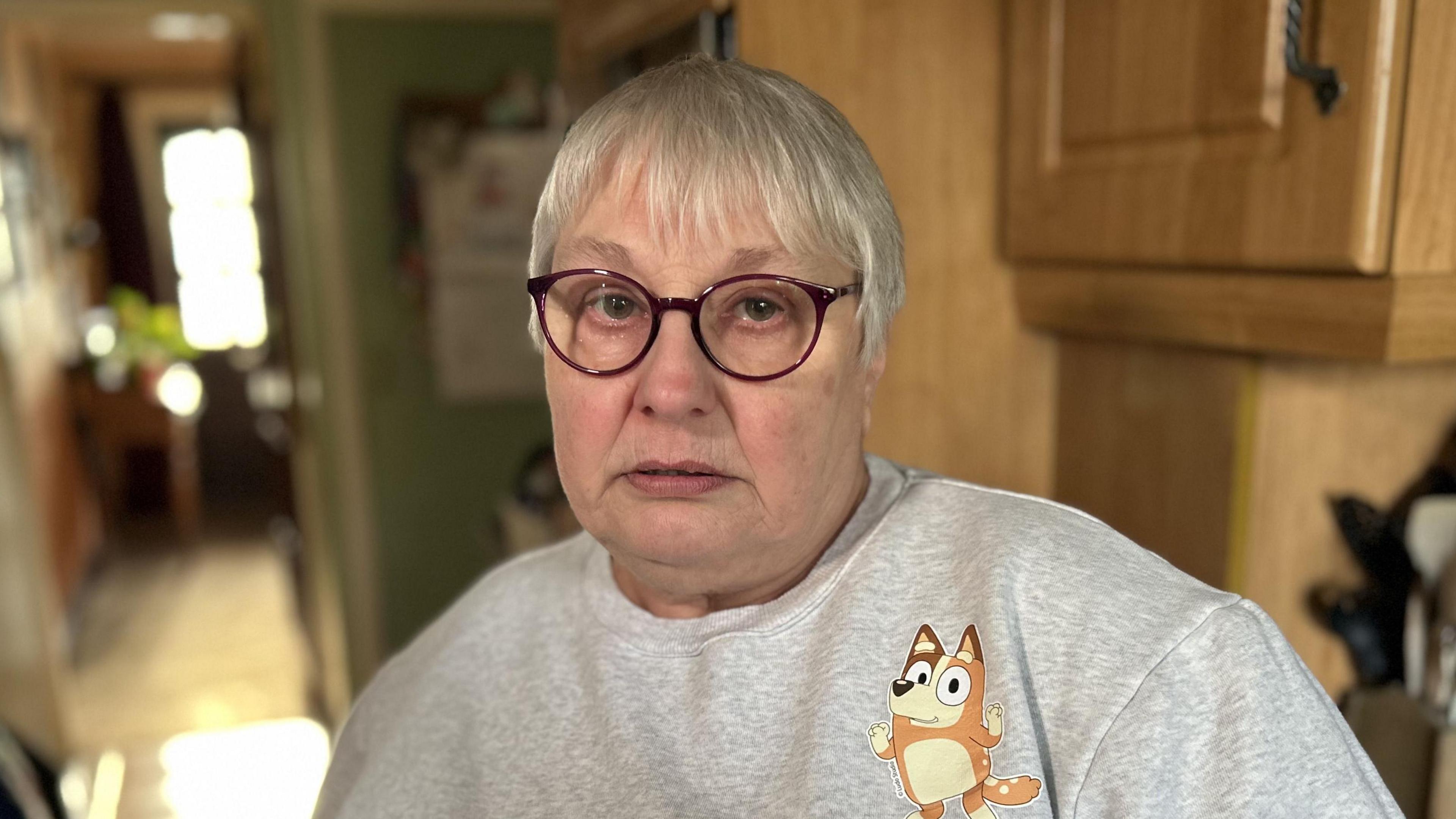 Lorraine Morris stands in her kitchen. She has short grey hair and is wearing glasses and a grey jumper with a Bluey logo.