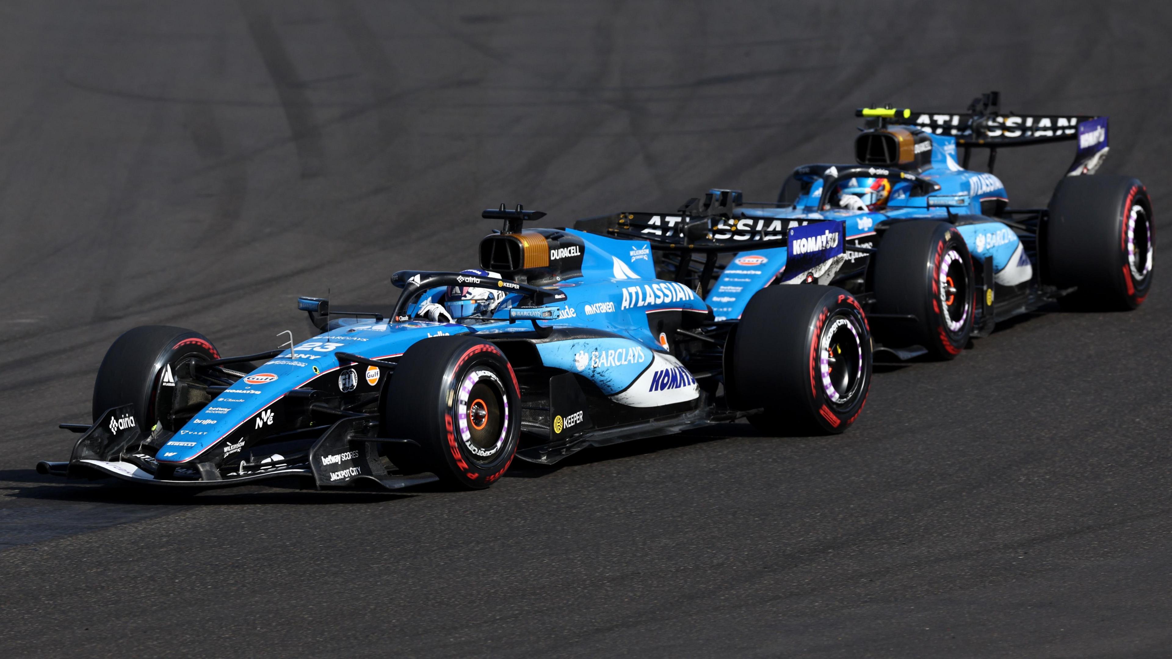 The Williams of Alex Albon with team-mate Carlos Sainz right behind him during the Hungarian Grand Prix