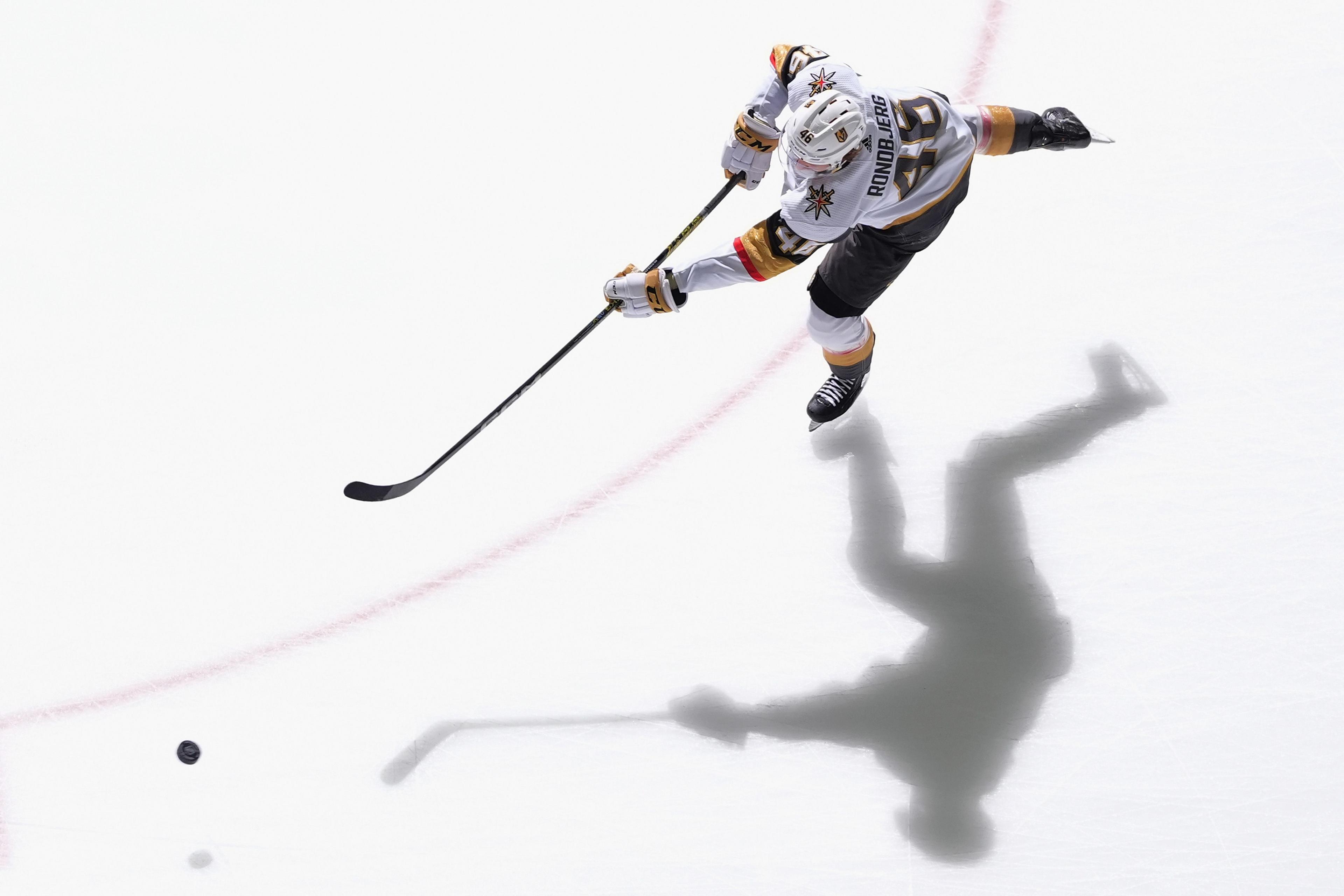 Jonas Rondbjerg of the Vegas Golden Knights warms up prior to a game against the New York Islanders at UBS Arena on January 23, 2024 in Elmont, New York