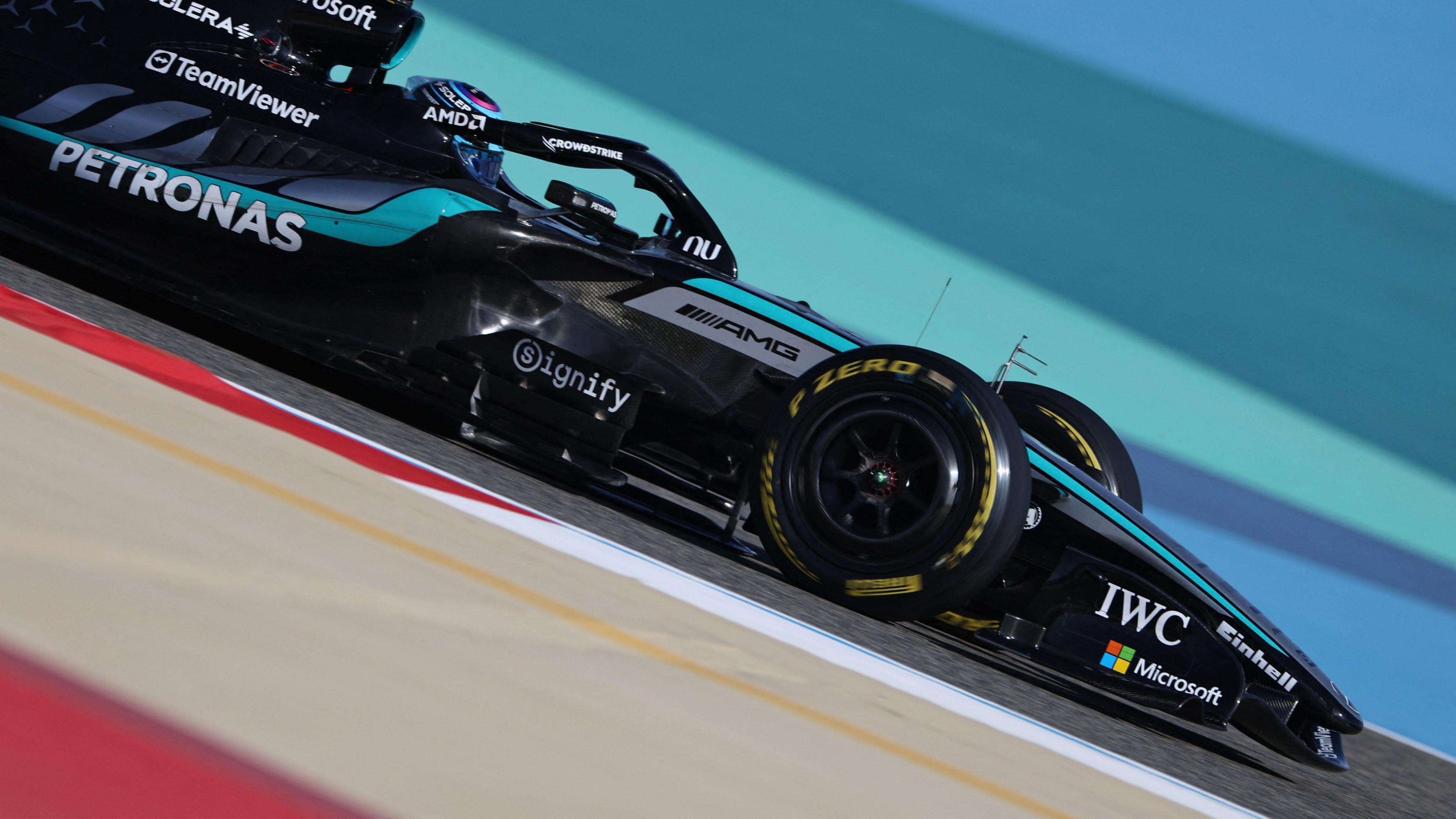 George Russell drives the Mercedes in Bahrain