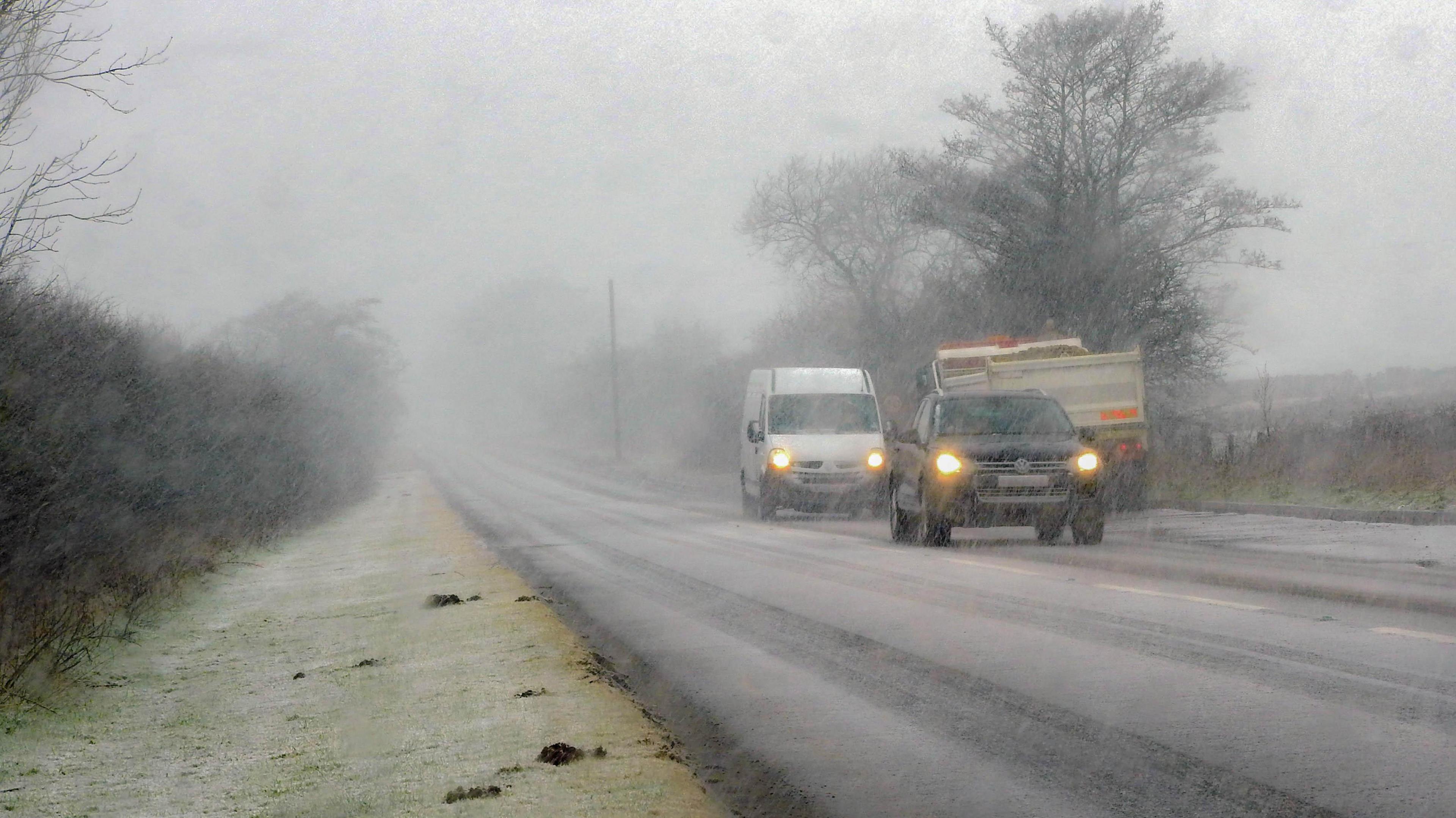 Snow on a road near Leek