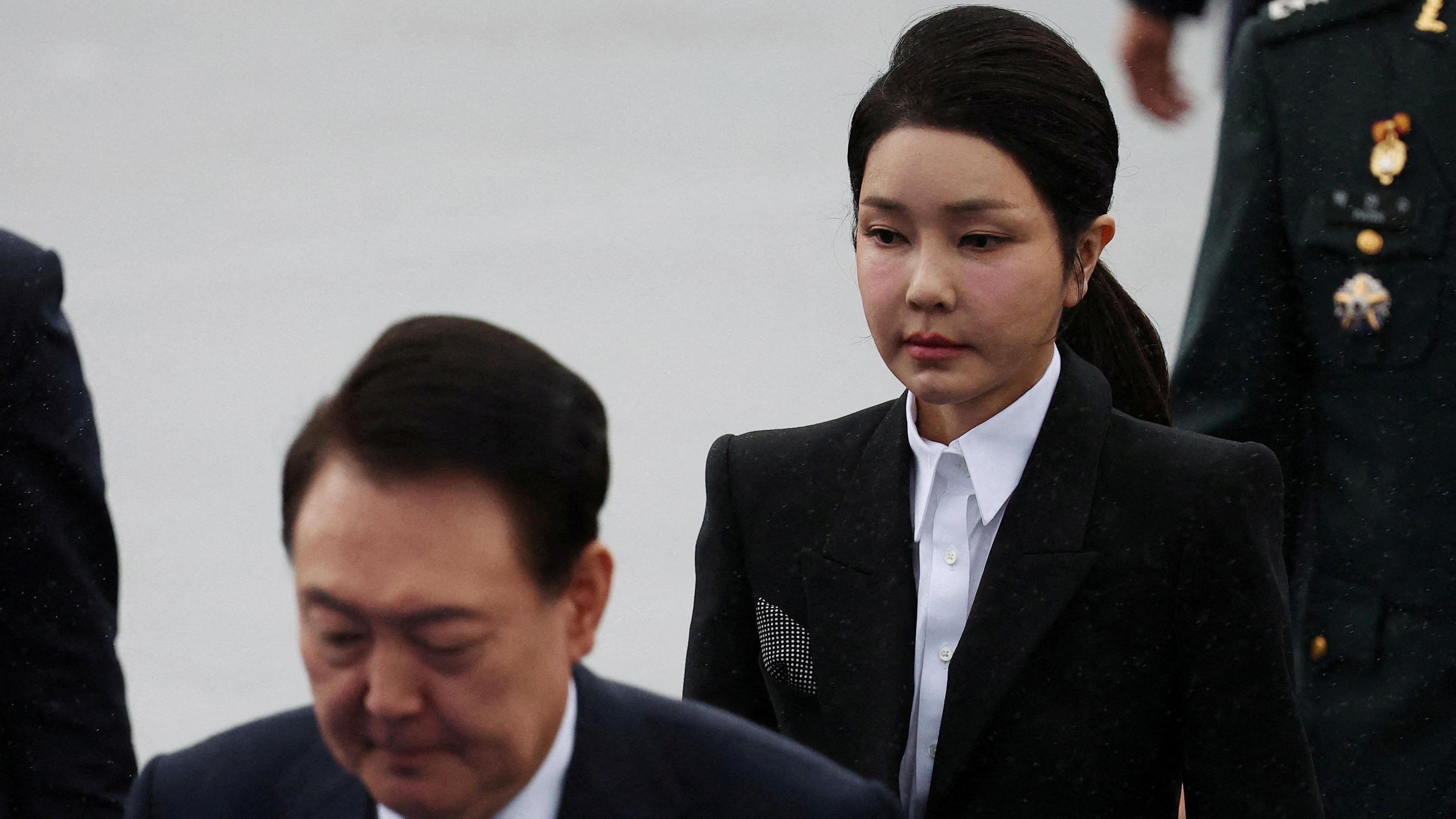 South Korean President Yoon Suk Yeol and his wife Kim Keon Hee arrive for a celebration to mark 76th anniversary of Korea Armed Forces Day, in Seongnam, South Korea, on 1 October 2024