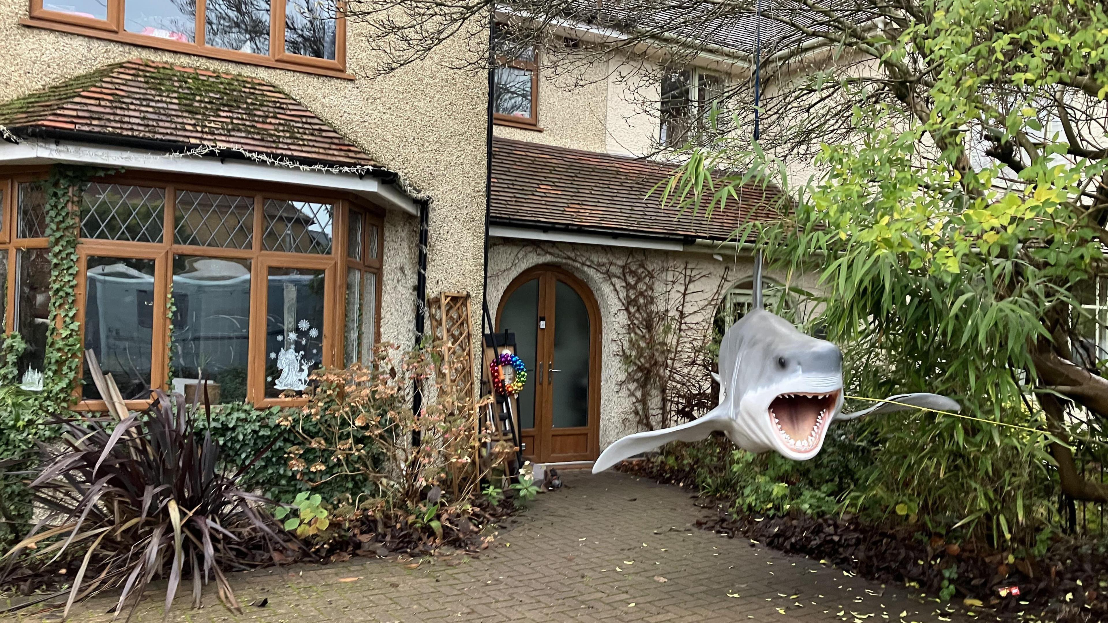 Shark sculpture in front of home