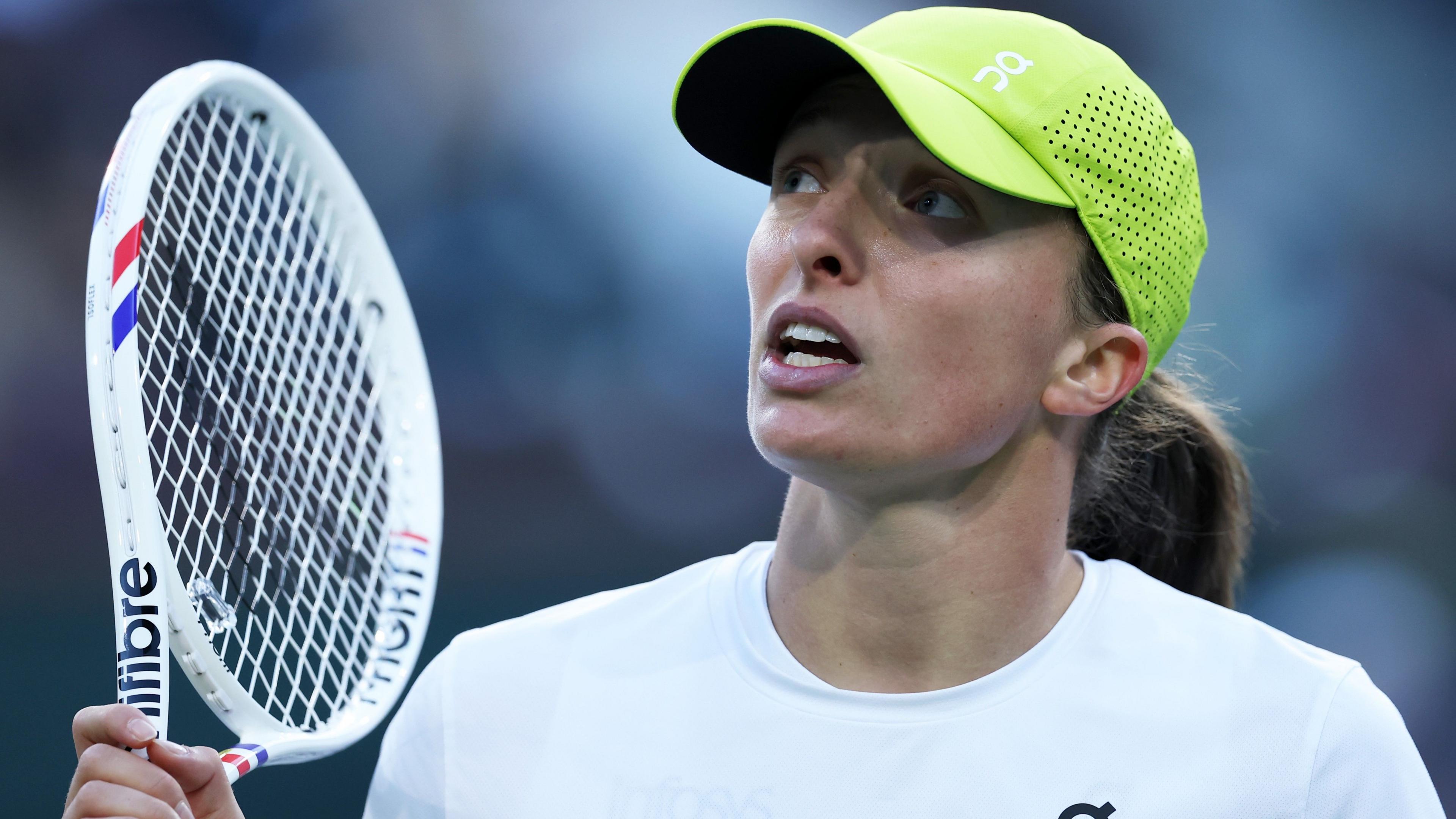 Iga Swiatek reacts during her Indian Wells defeat by Mirra Andreeva