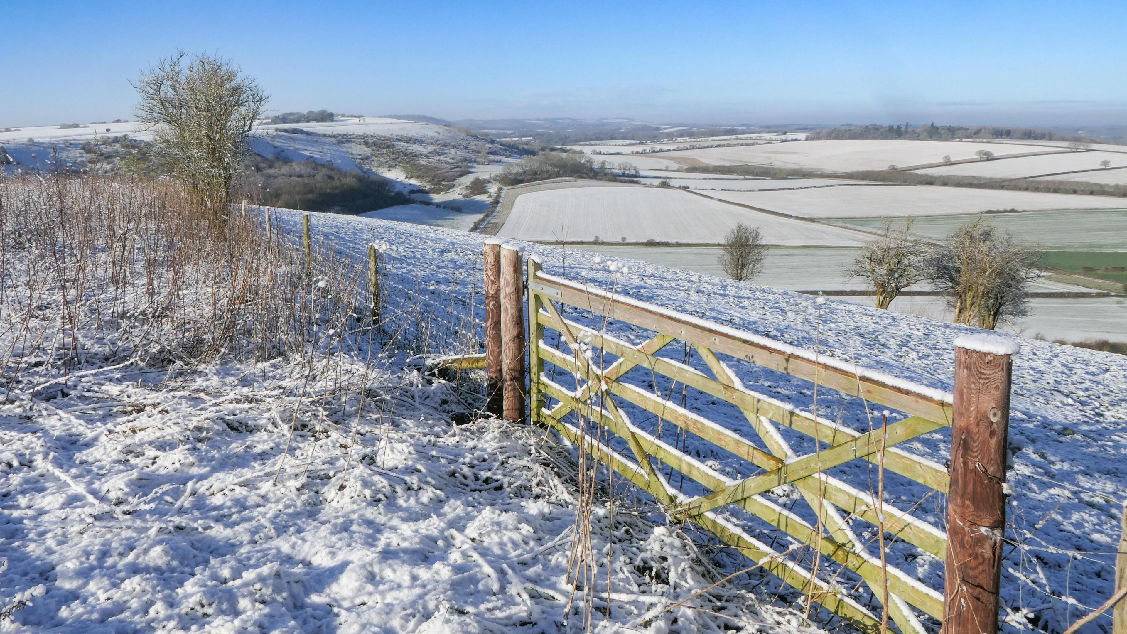 A snowy countryside scene. There are rolling fields covered in snow stretching to the horizon under a blue sky. In the foreground a wooden gate is topped with snow.