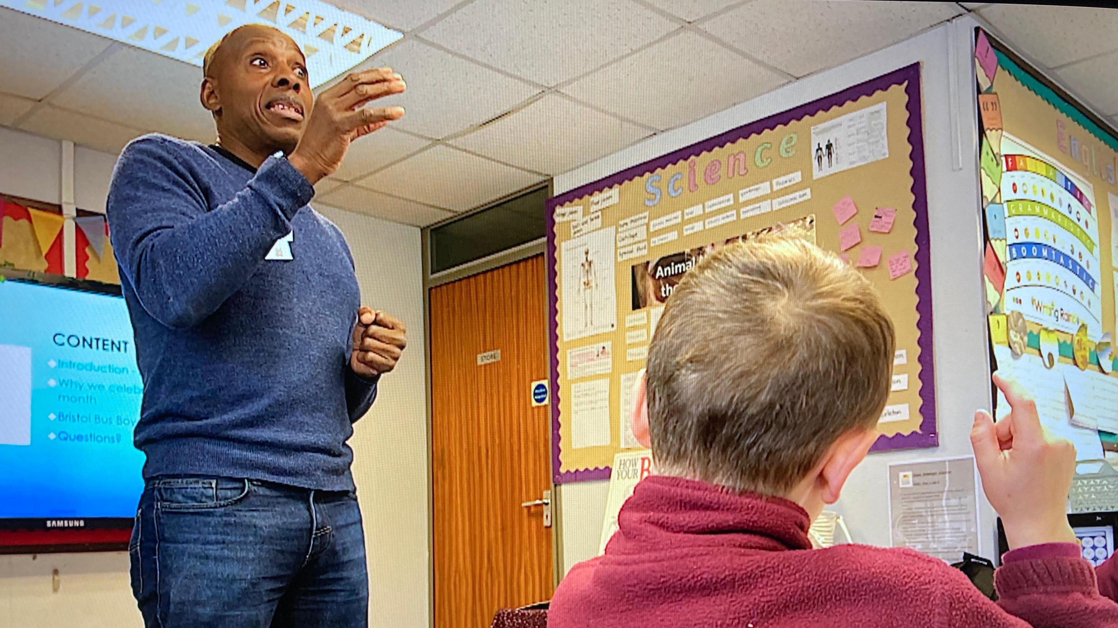 Lud Ramsey from the African Caribbean Community Association is shown teaching a class at Arkwright Primary School in Chesterfield, Derbyshire. 