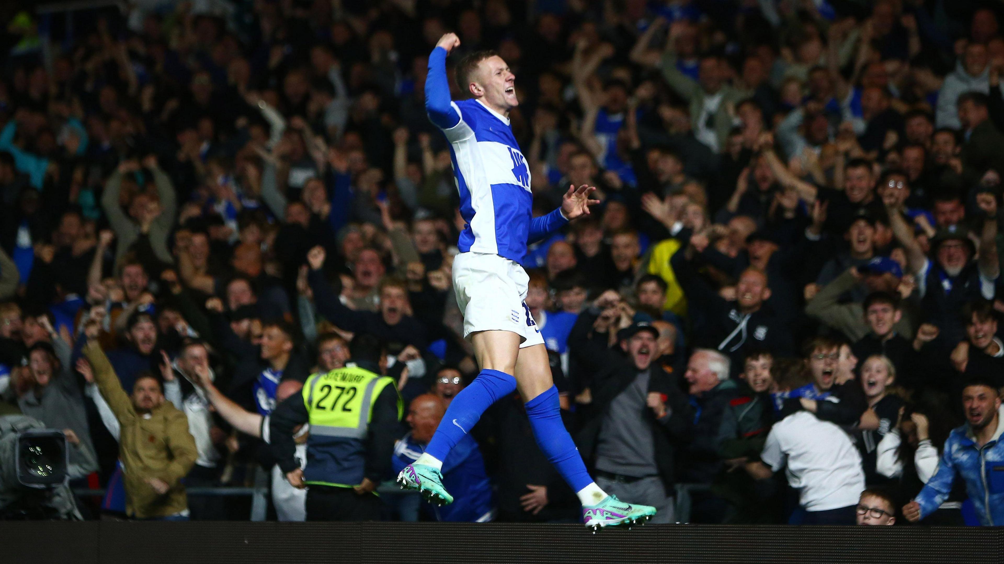 Jay Stansfield celebrating scoring a goal for Birmingham City.