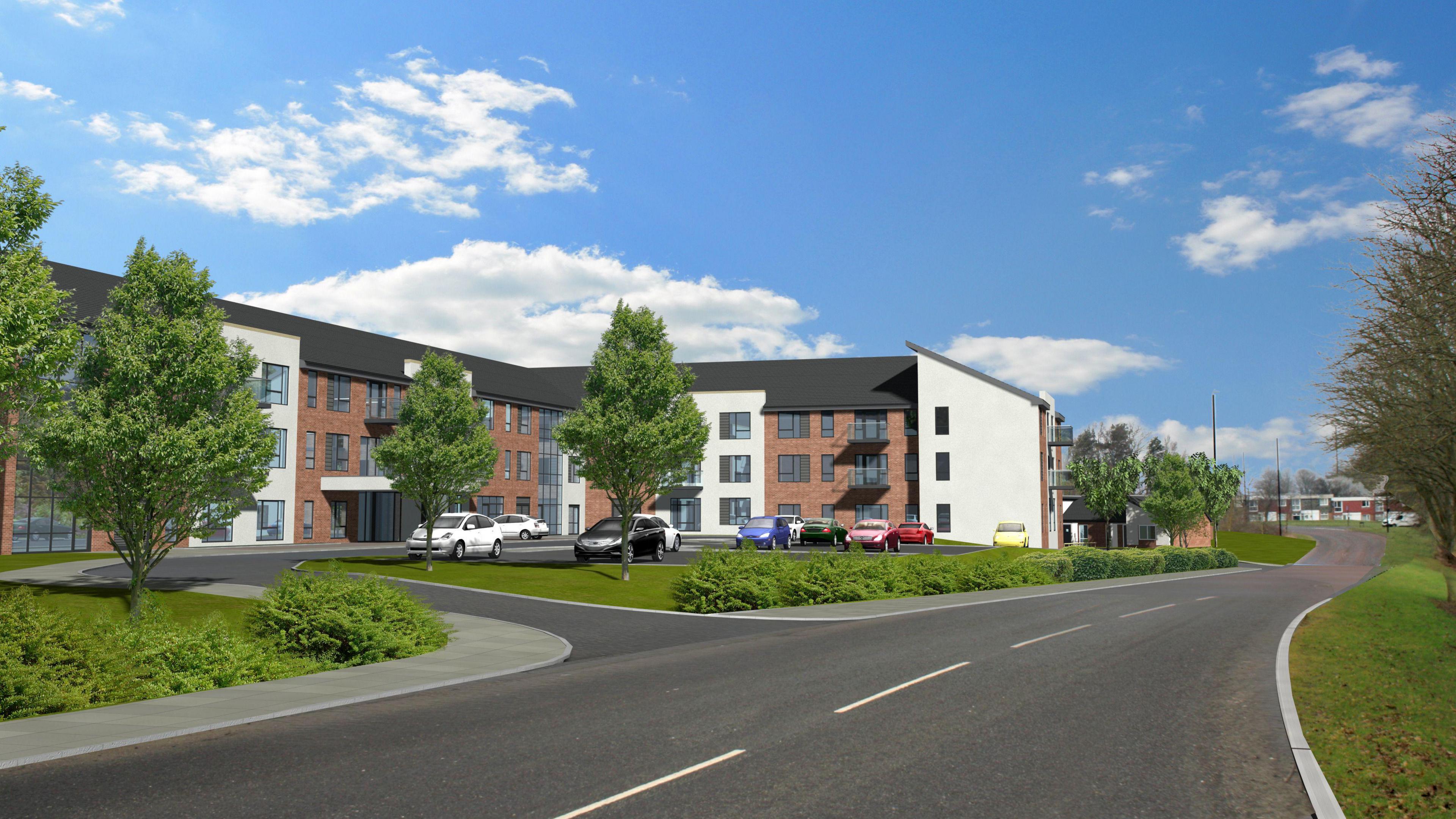 A CGI image shows what one of the buildings might look like. It is three-storey and T- shaped, with sections of white render between brown brick walls. The area in front of the building contains a ground level car park and manicured lawns with a few trees and low bushes. A road runs past the building into the distance.