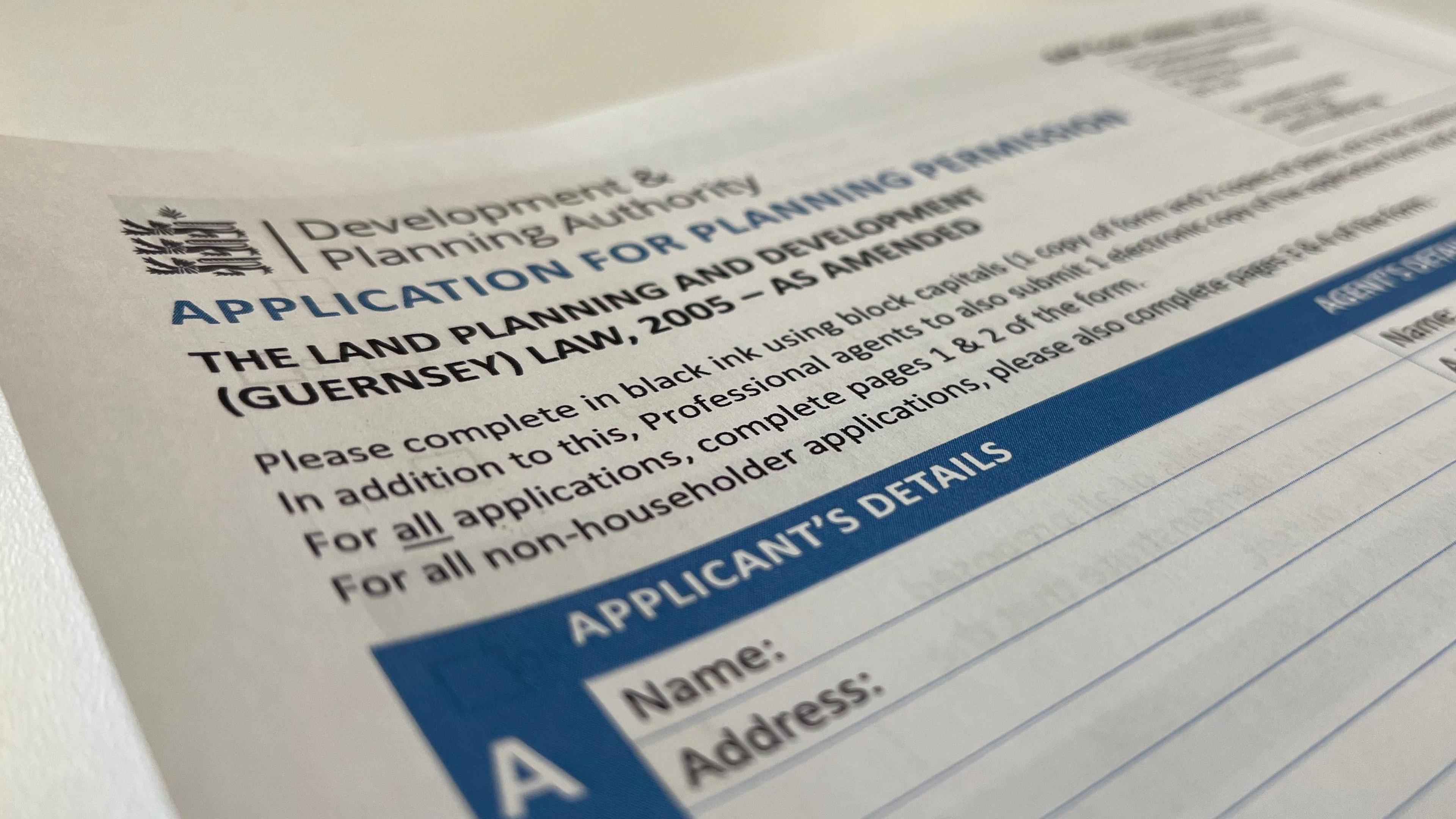Close up photo of a planning application form. The title of the form reads in capital letters 'APPLICATION FOR PLANNING PERMISSION'.