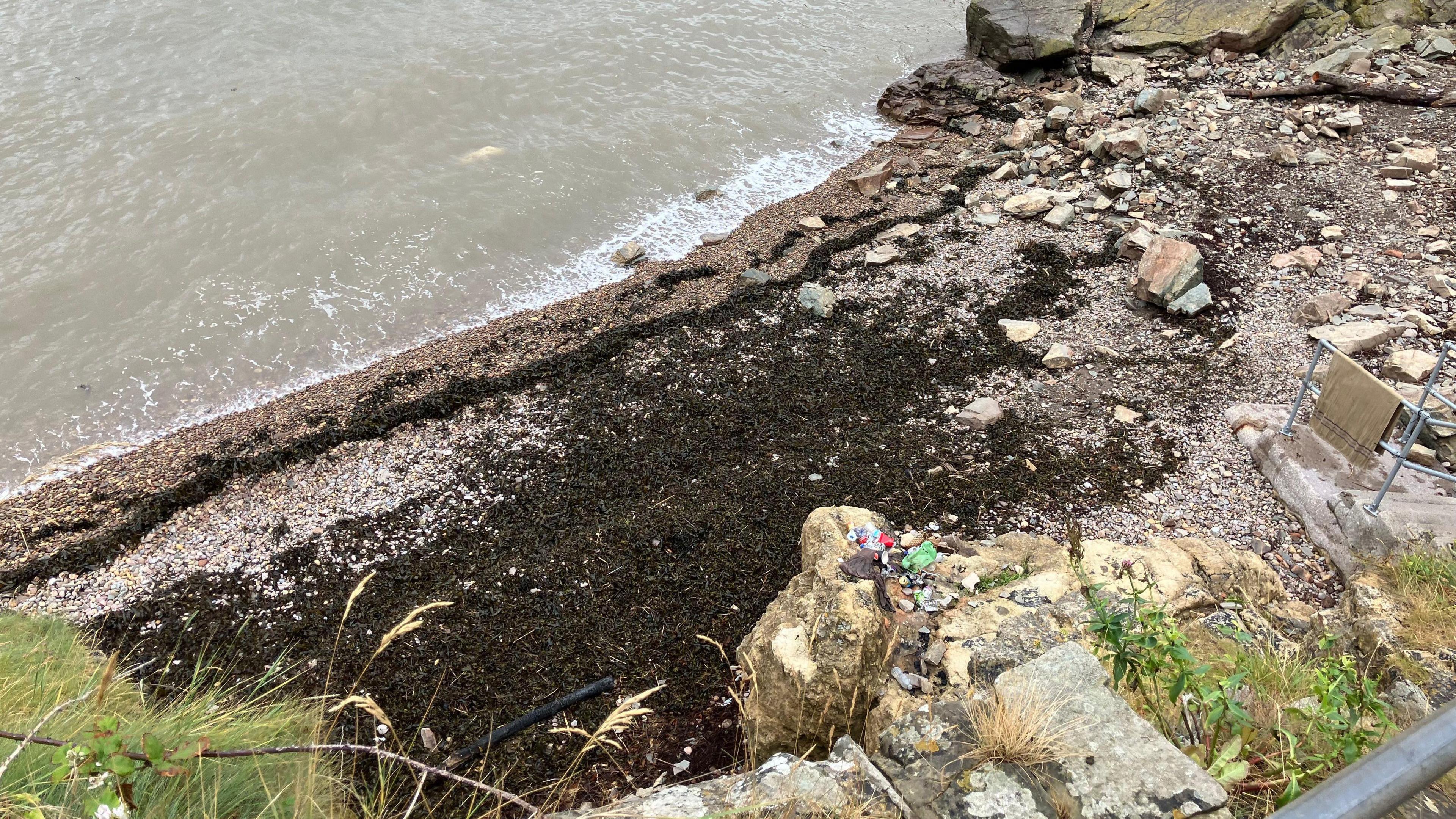 Image of Ladye Bay in Clevedon. Lots of rocks and mud can be seen on the coast, following a landslide. 