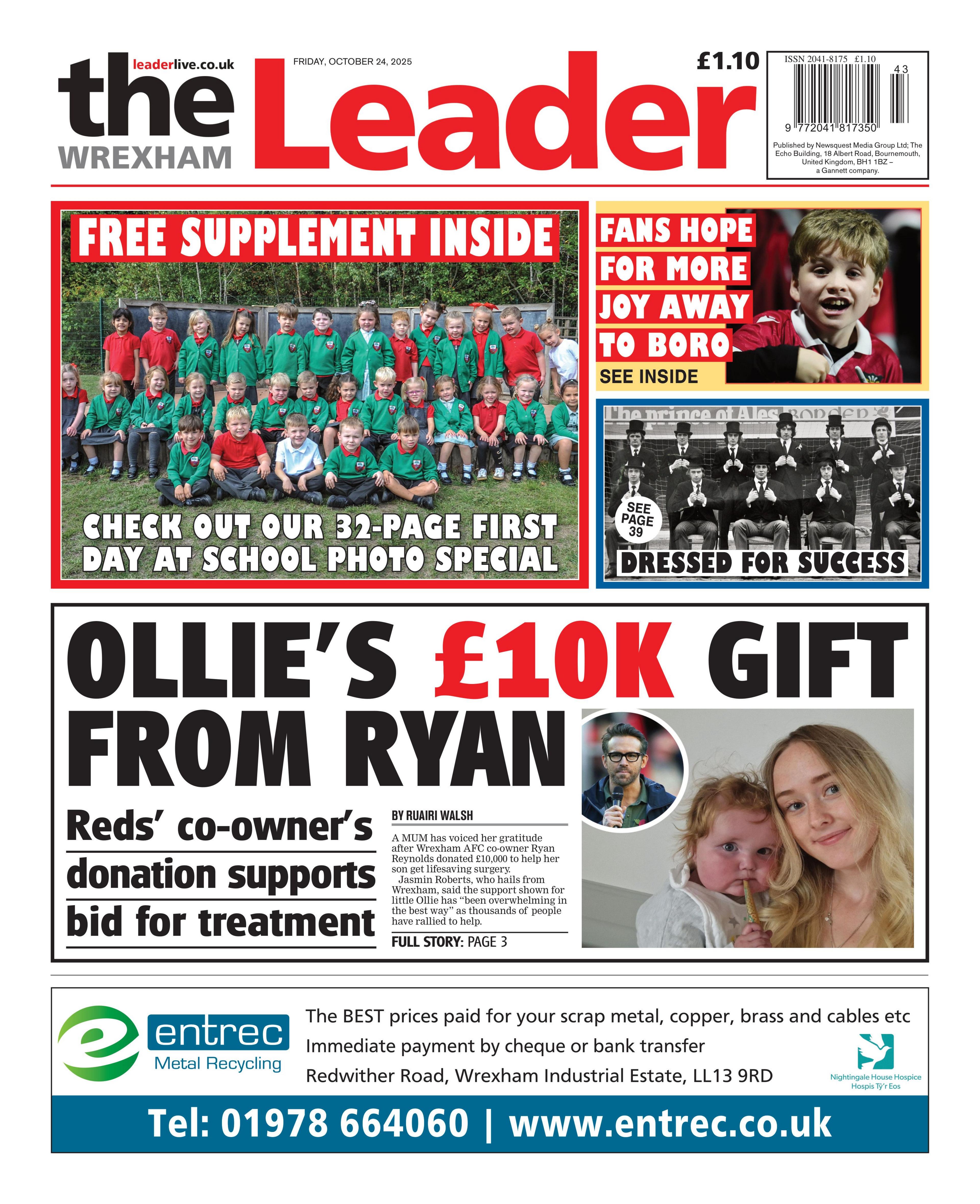 Front page of the Wrexham Leader. Main headline: Ollie's 10k gift from Ryan, Reds' co-owner's donation supports bid for treatment. An image above that of school children, with the headline 'check out our 32-page first day at school photo special'