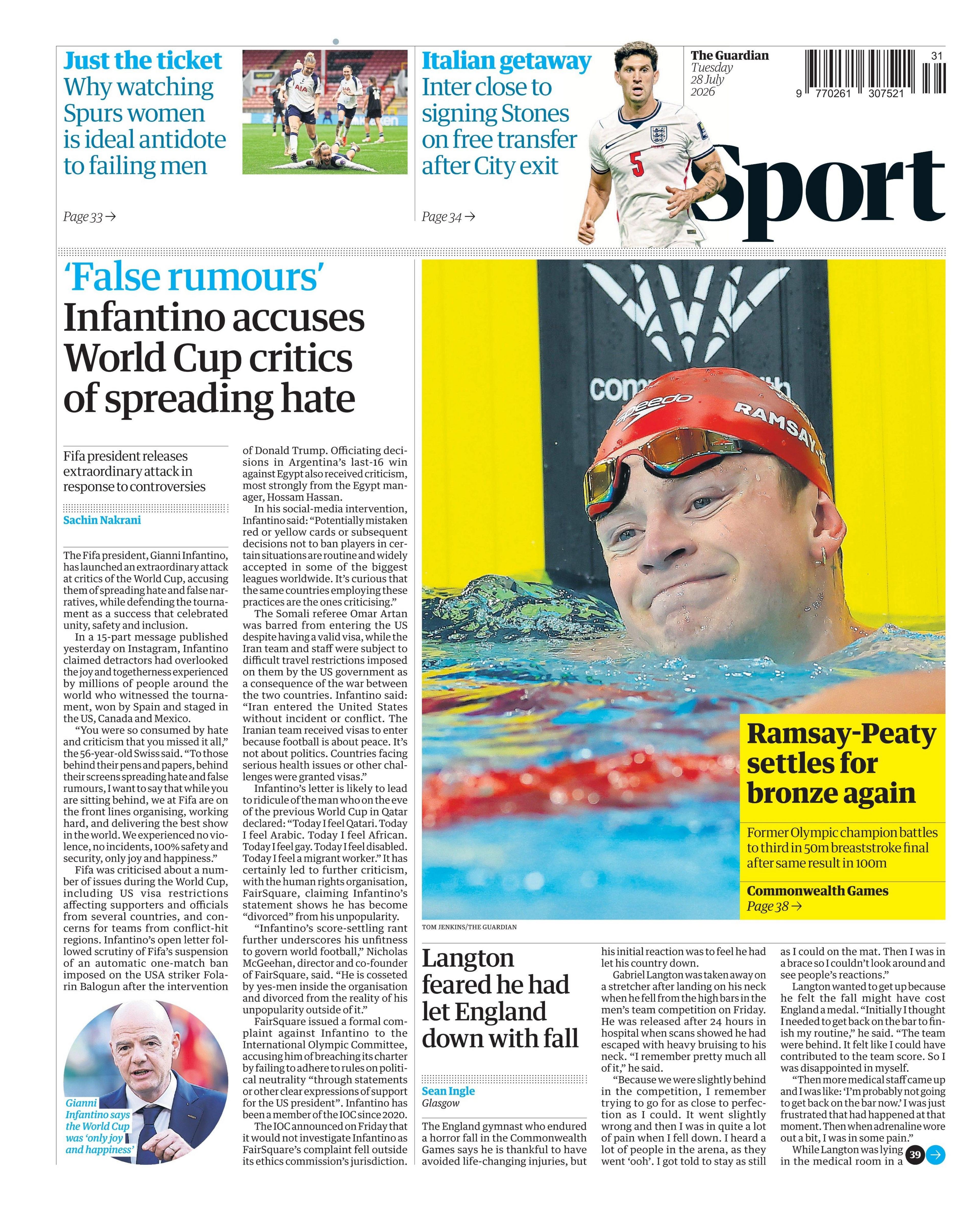 Back page of the Guardian on 28 July 2026