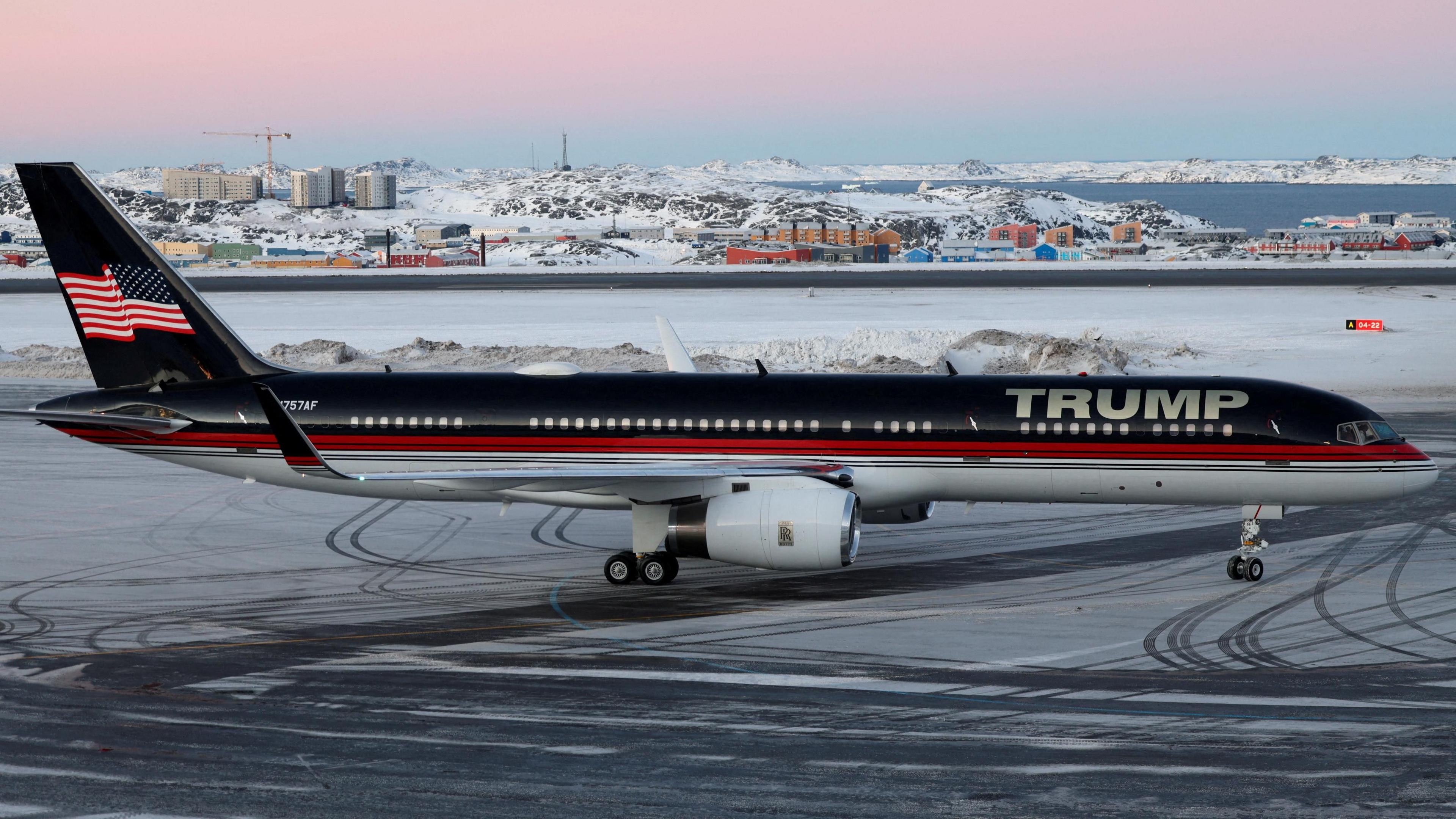 A Trump private plane on a landing strip in Greenland