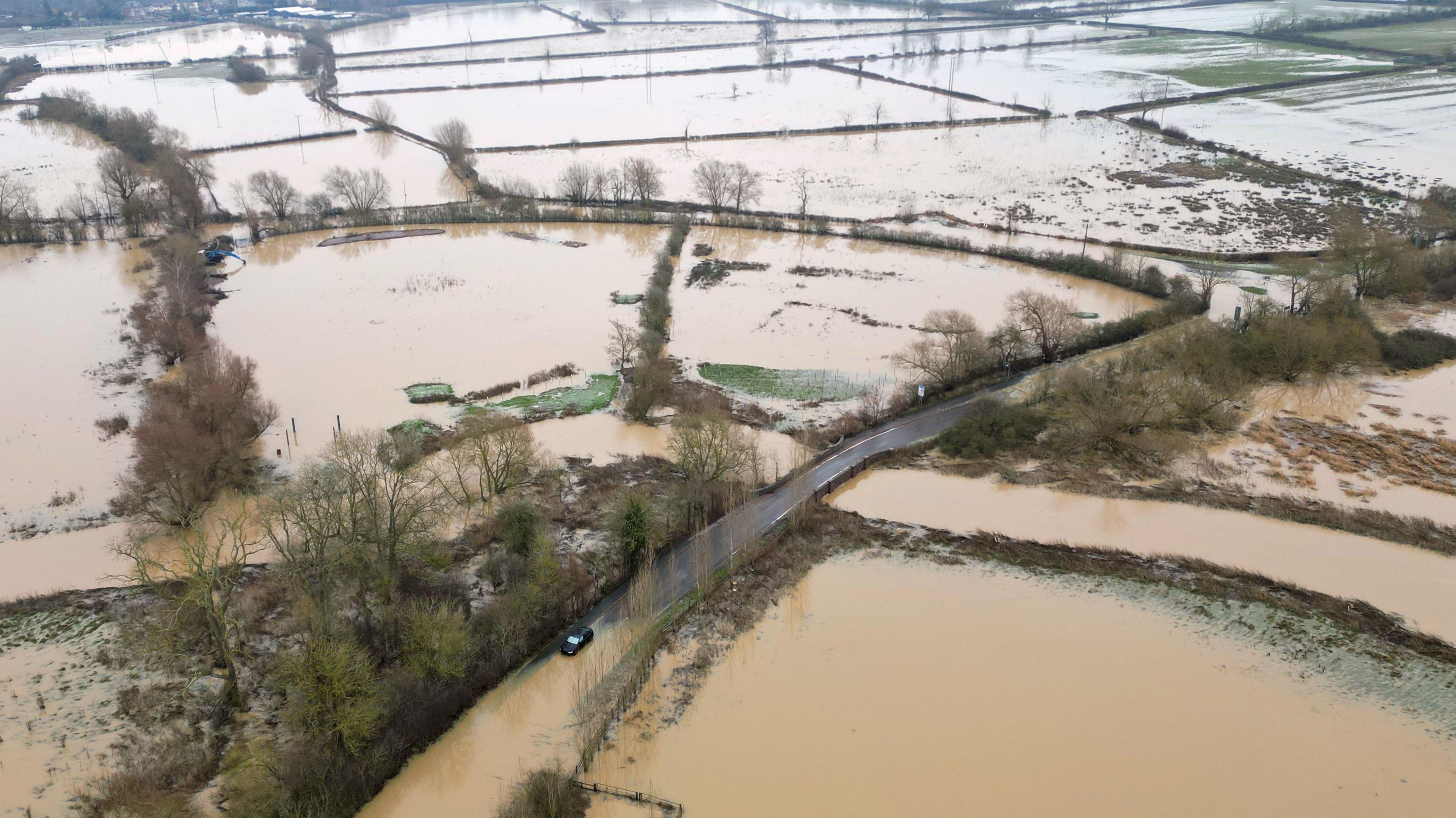 An aerial view of flooding across fields near Mountsorrel