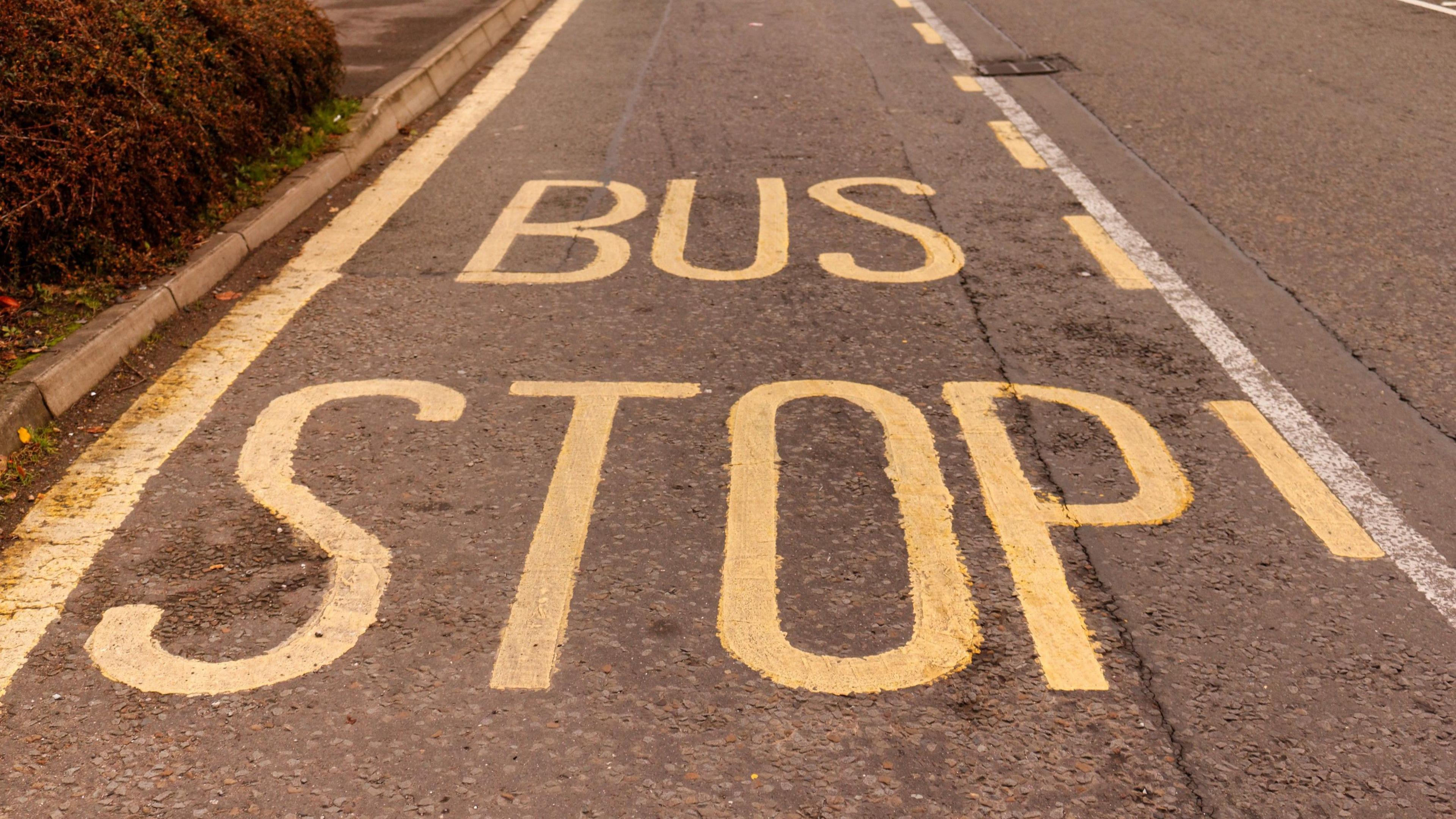 A bus stop sign painted on a suburban road.