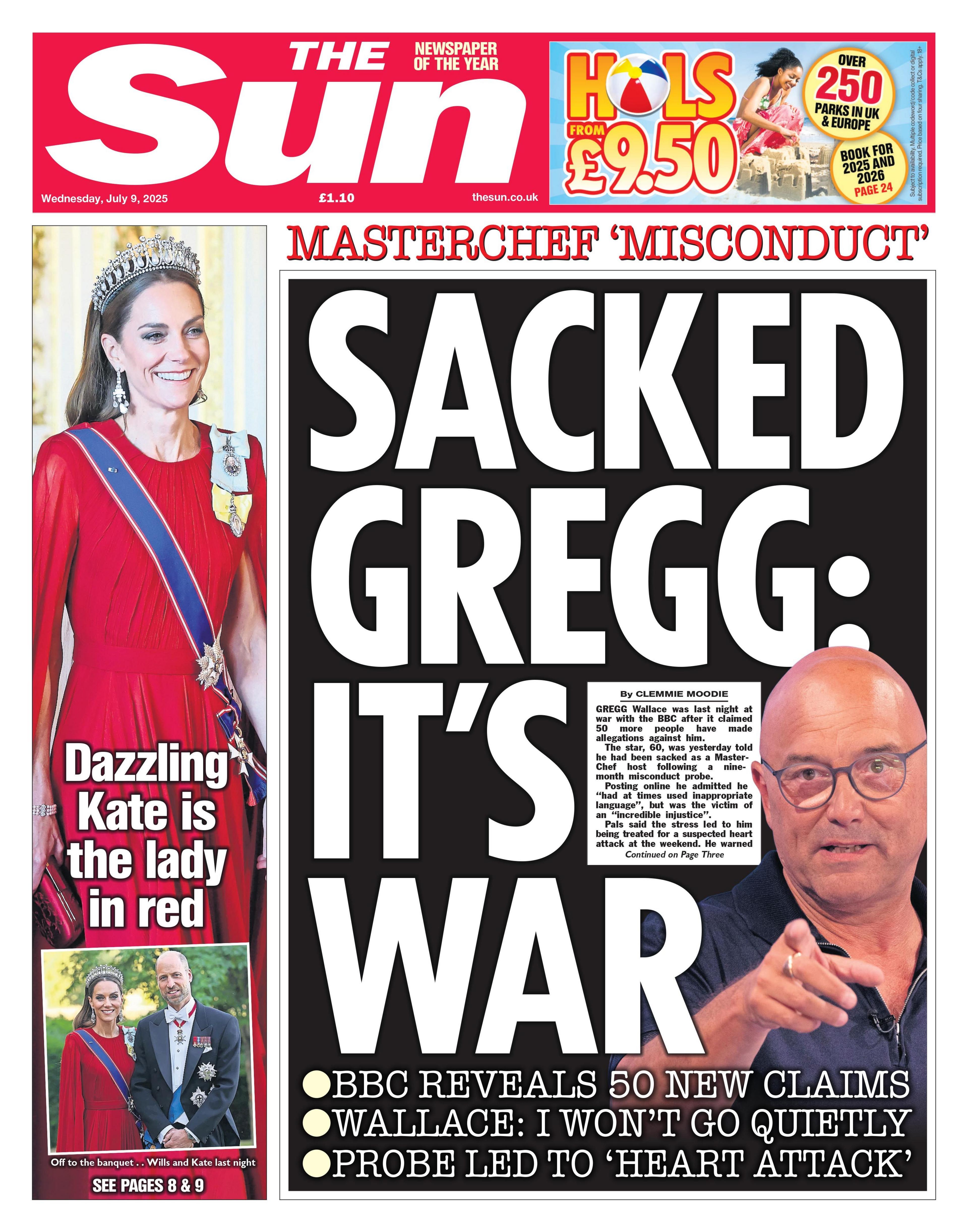 "Sacked Gregg: It's war," is the headline on the front page of the Sun