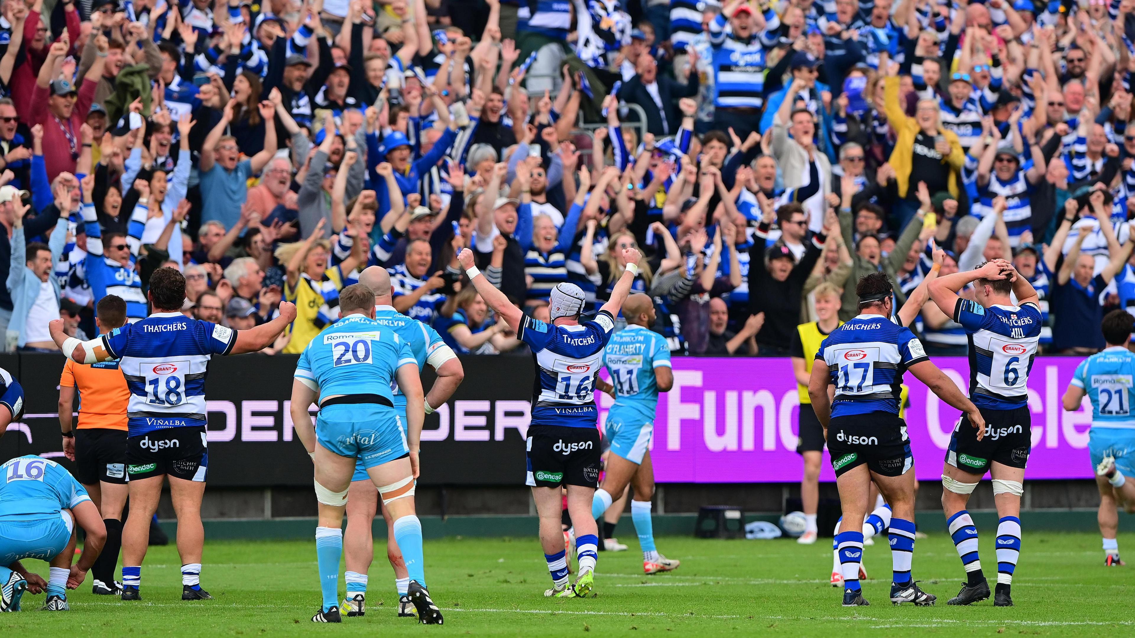 Bath players celebrate at the final whistle against Sale in the Premiership semi-final