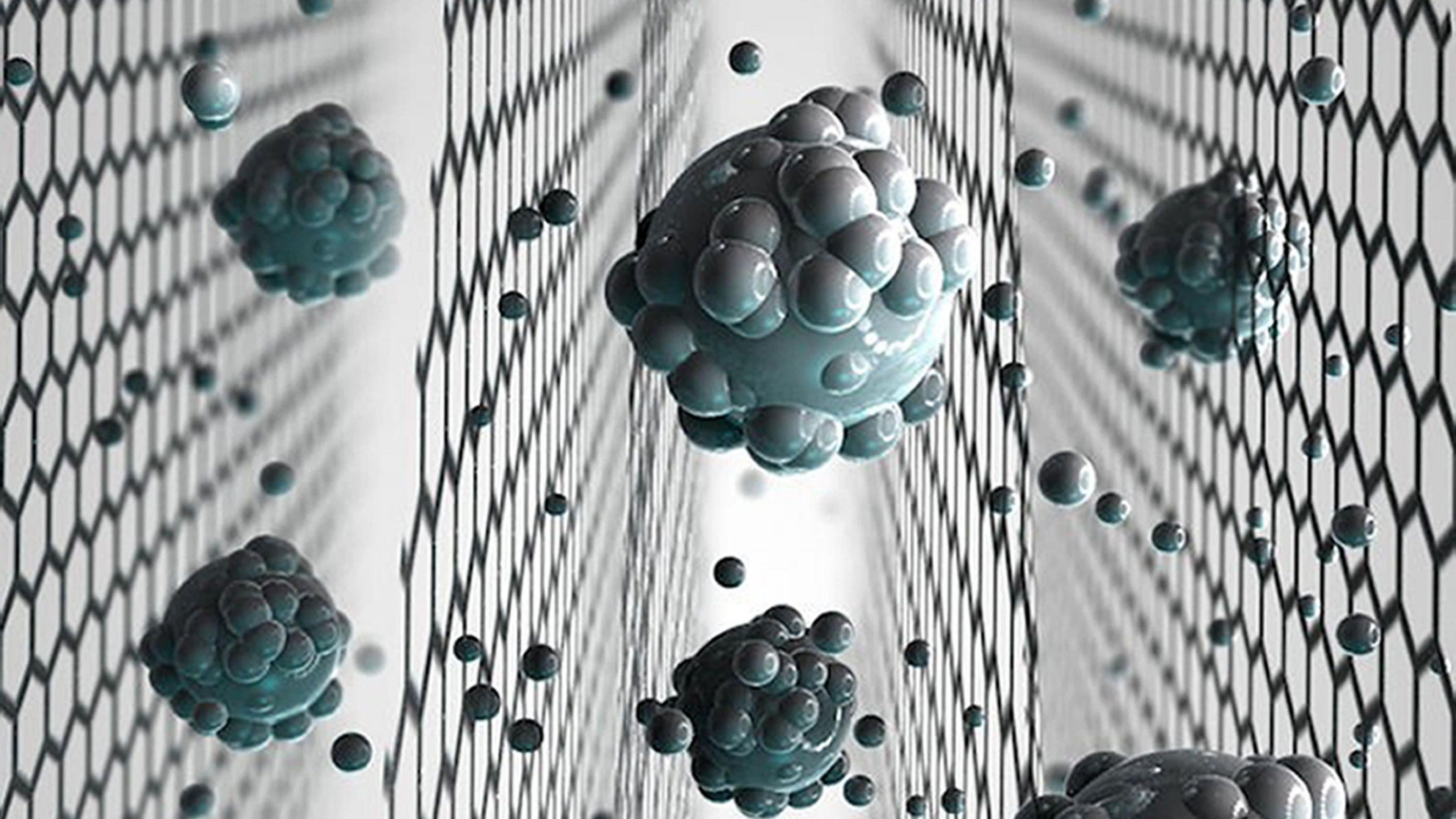 A CGI image of molecules arranged in hexagonal lattice structure to demonstrate the properties of graphene. 