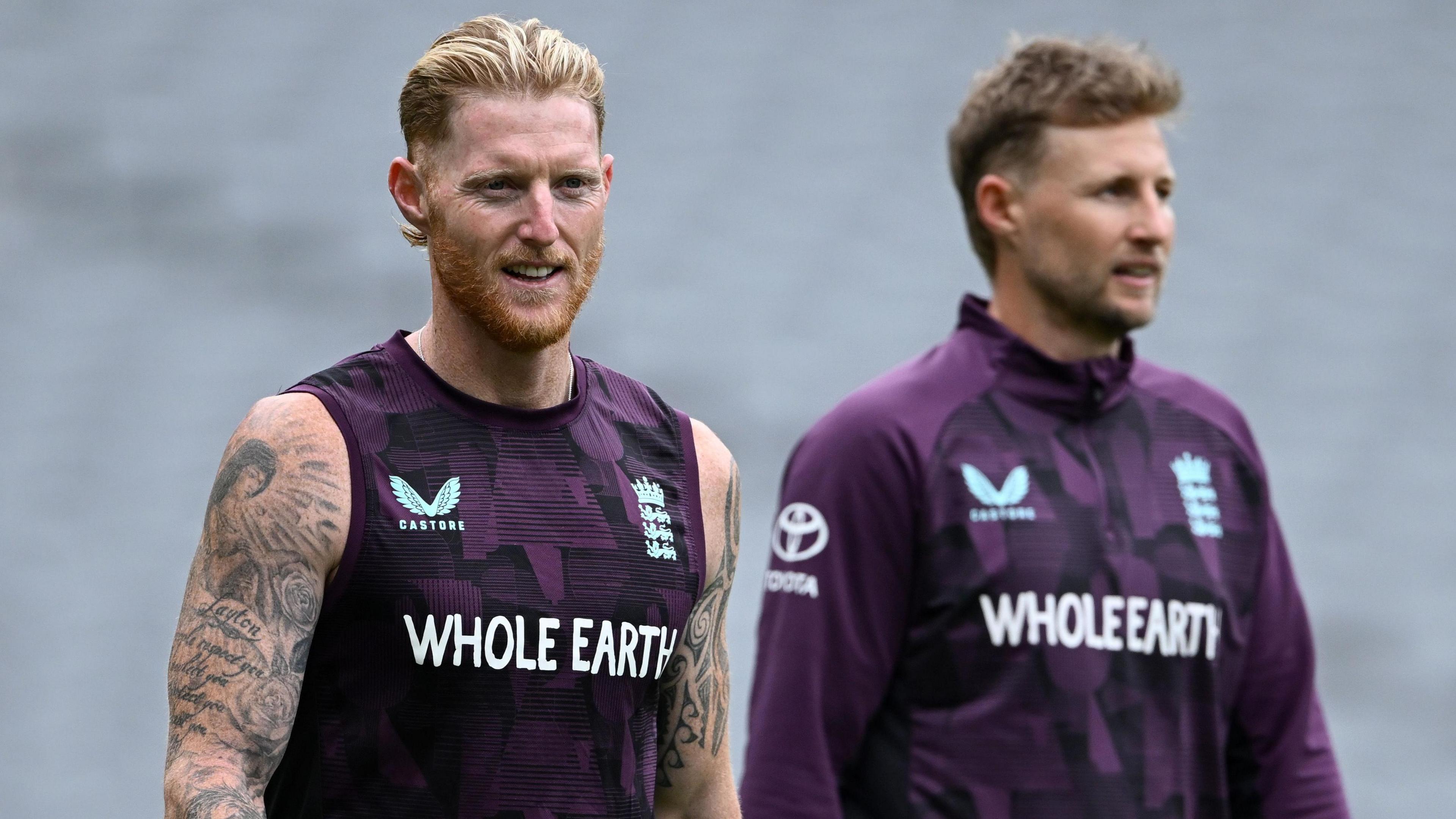 Ben Stokes and Joe Root during an England training session