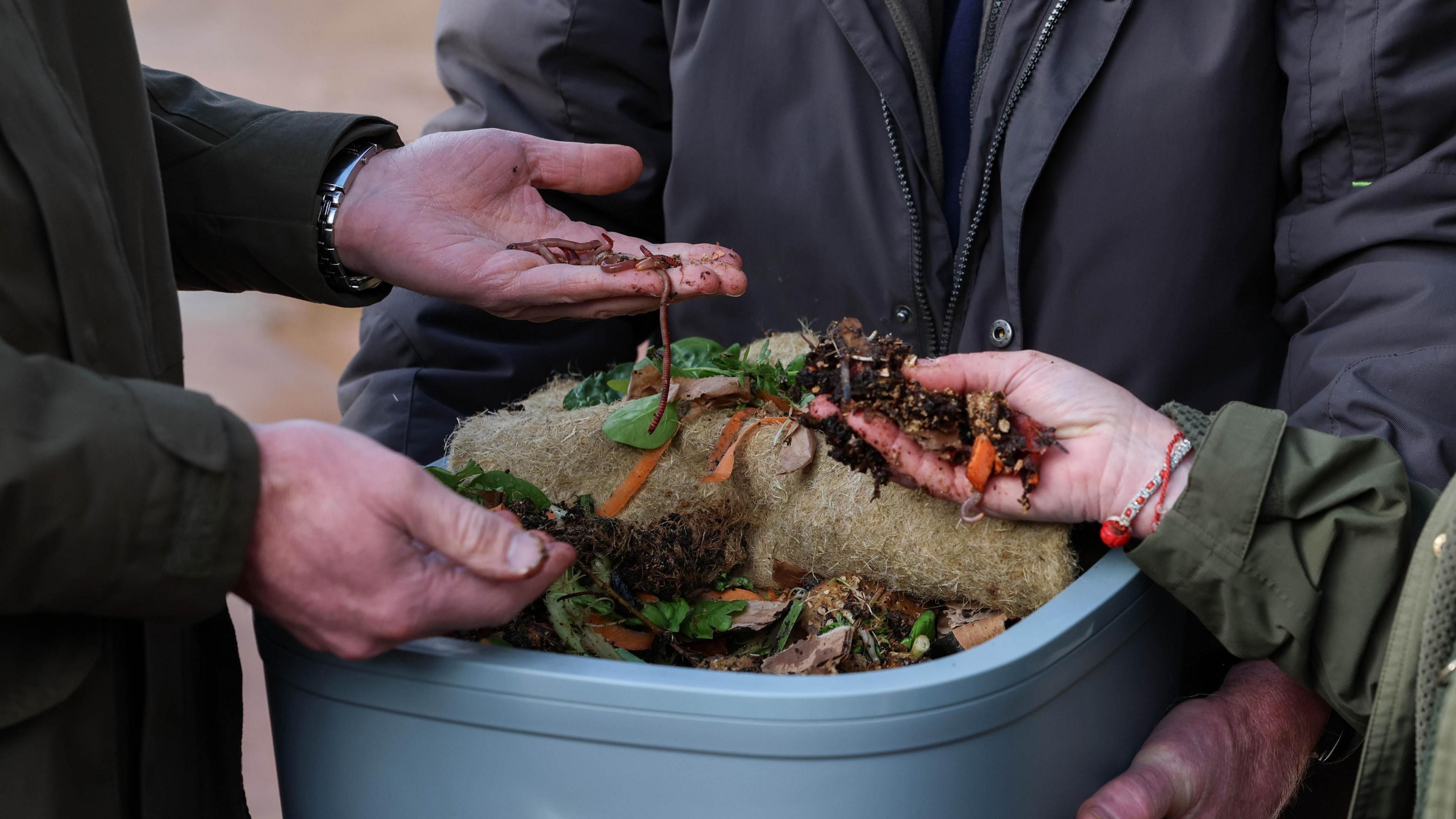 A close up showing a pair of hands over a bucket filled with food waste and worms. One of the hands is holding some worms. Someone else's hand is also holding composting material.