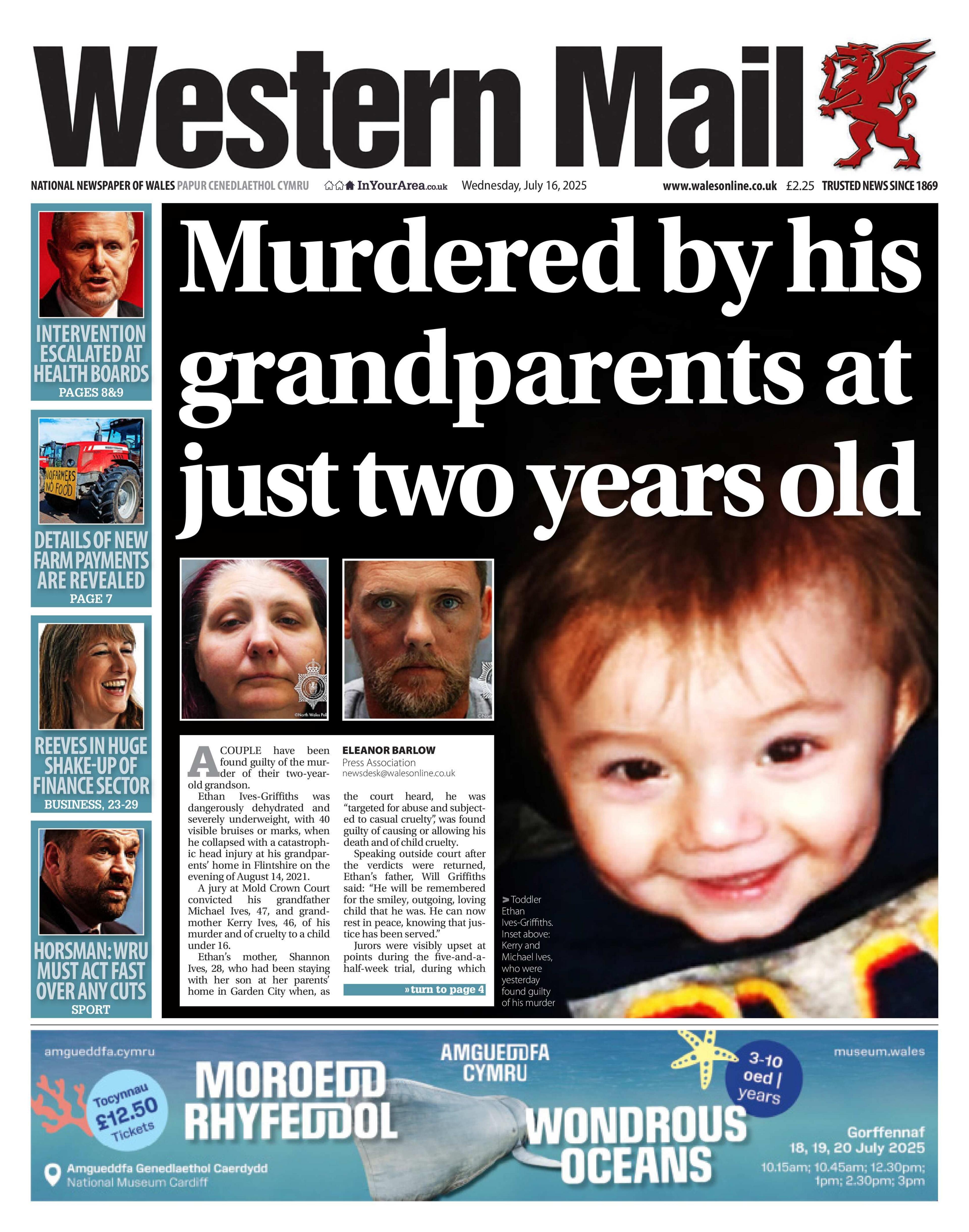 Western Mail front page with headline "Murdered by his grandparents at just two years old" and image of toddler smiling